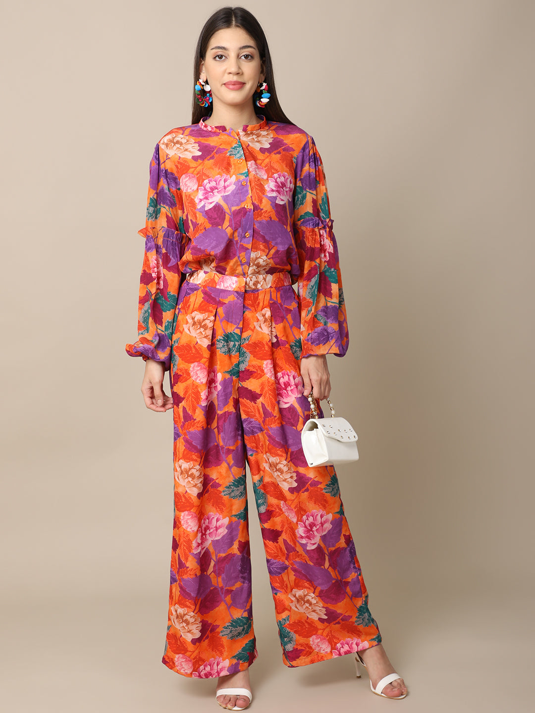 Crepe Orange Co-ord Set by Ewoke with Best Selling, Co-ord Sets, Crepe, Festive 23, Natural with azo free dyes, Orange, Prints, Regular Fit, Resort Wear, Travel Co-ords, Womenswear at Kamakhyaa for sustainable fashion