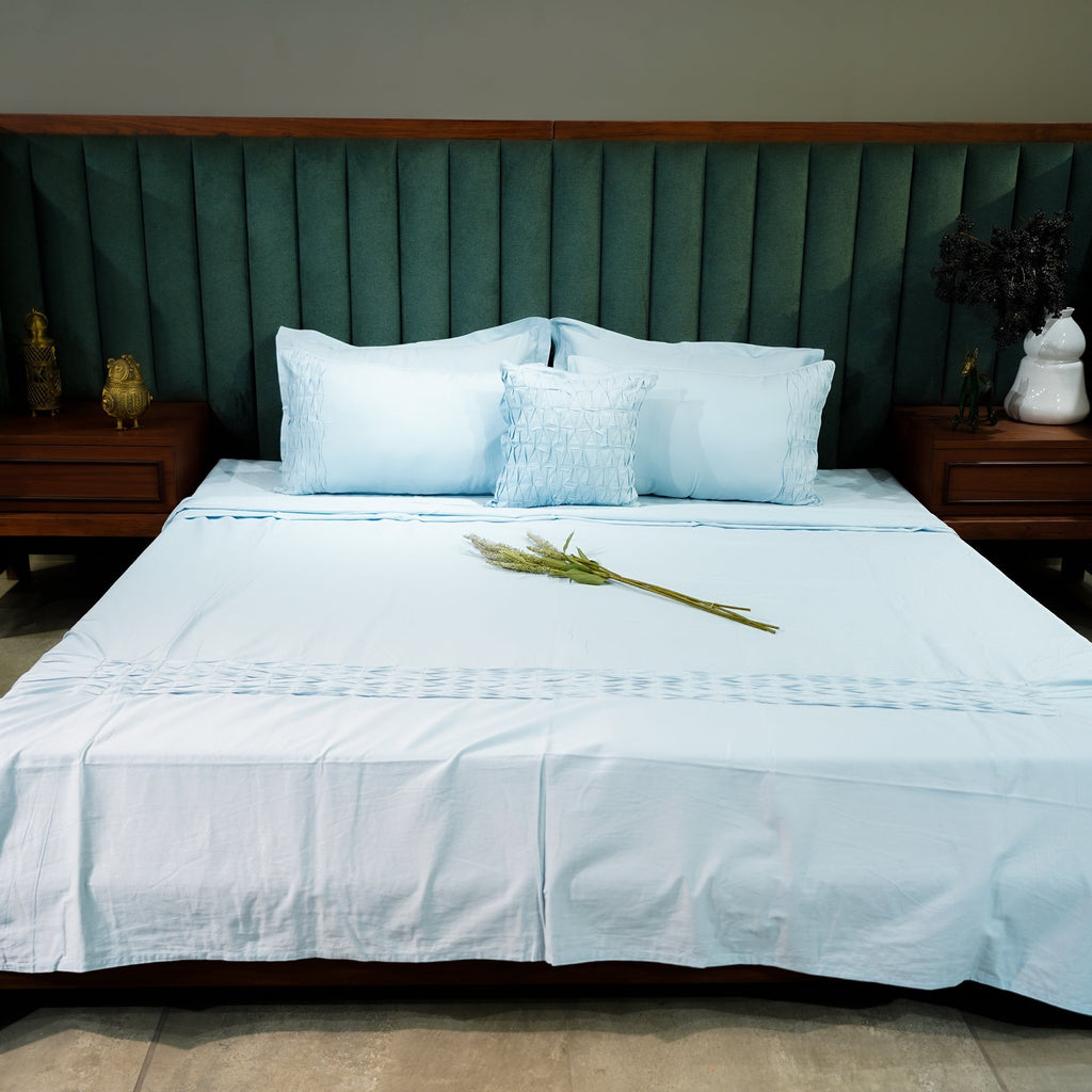 Azure Whisper Honeycomb Serenity by Aetherea with Designer Bedsheets at Kamakhyaa for sustainable fashion
