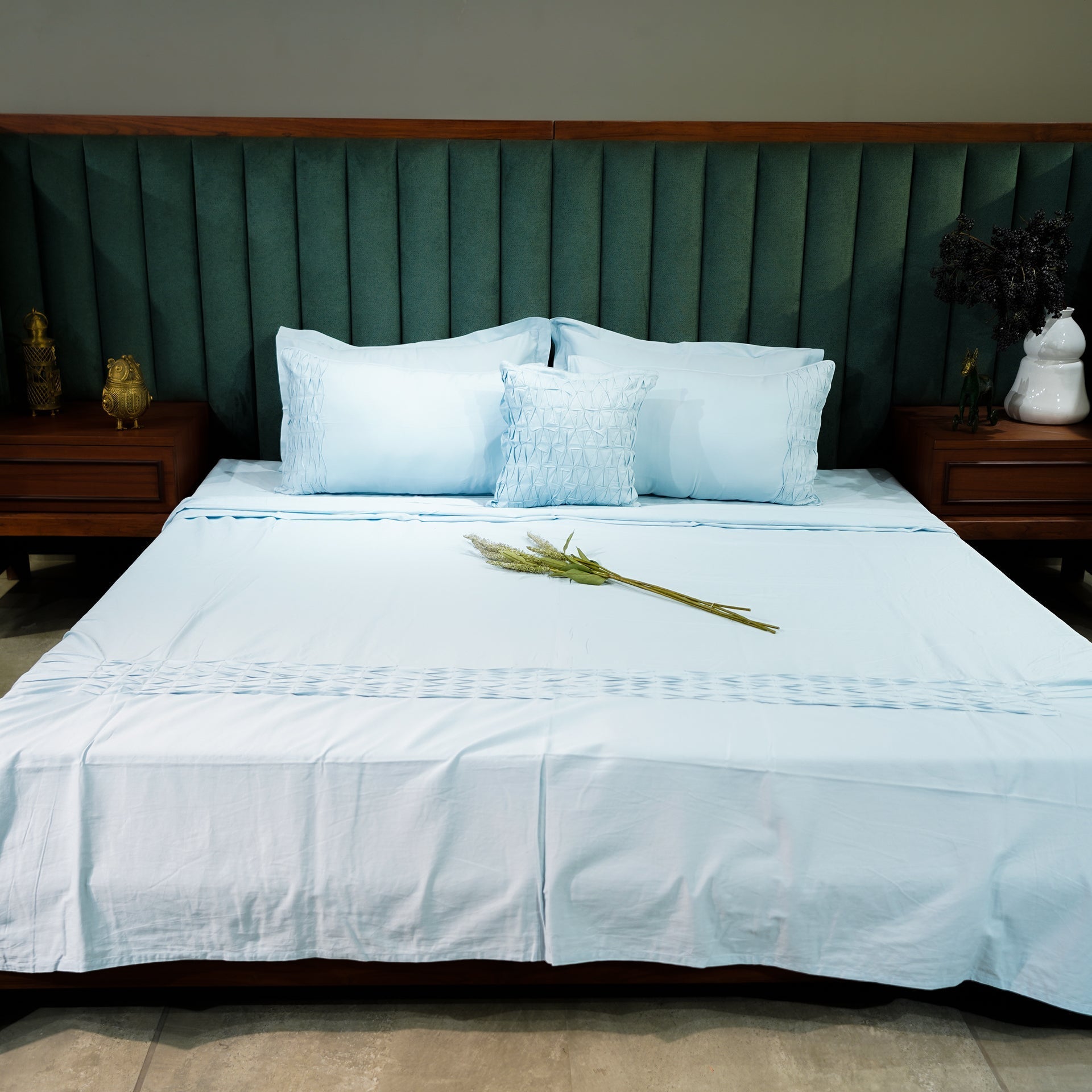 Azure Whisper Honeycomb Serenity by Aetherea with Designer Bedsheets at Kamakhyaa for sustainable fashion