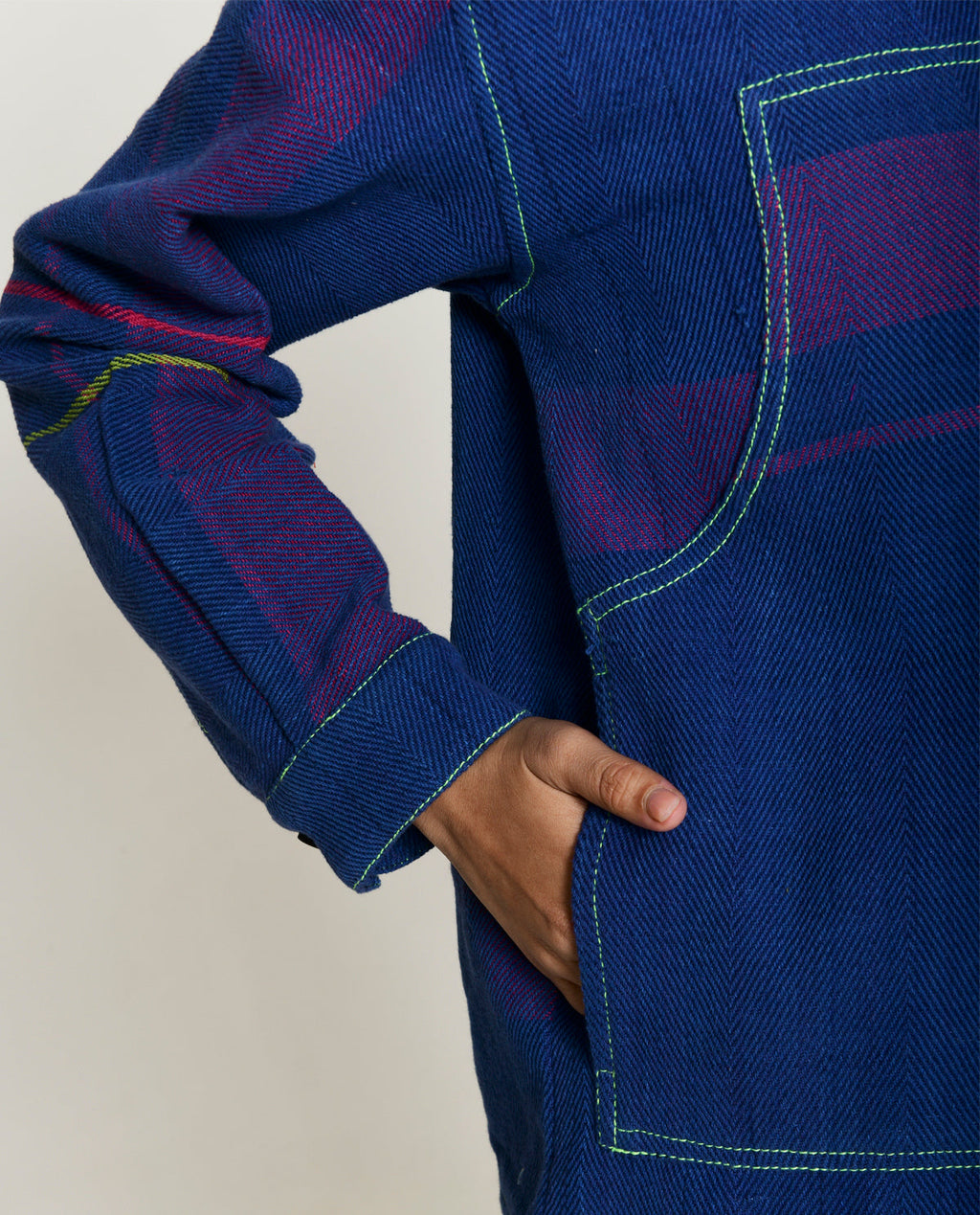 Handwoven Blue striped Cotton Shacket by Rias Jaipur with 100% Cotton, Blue, Casual wear, Multicolor, Natural, RE 2.O, RE 2.O by Rias Jaipur, Relaxed, Stripes, Tops, Unisex, Womenswear at Kamakhyaa for sustainable fashion