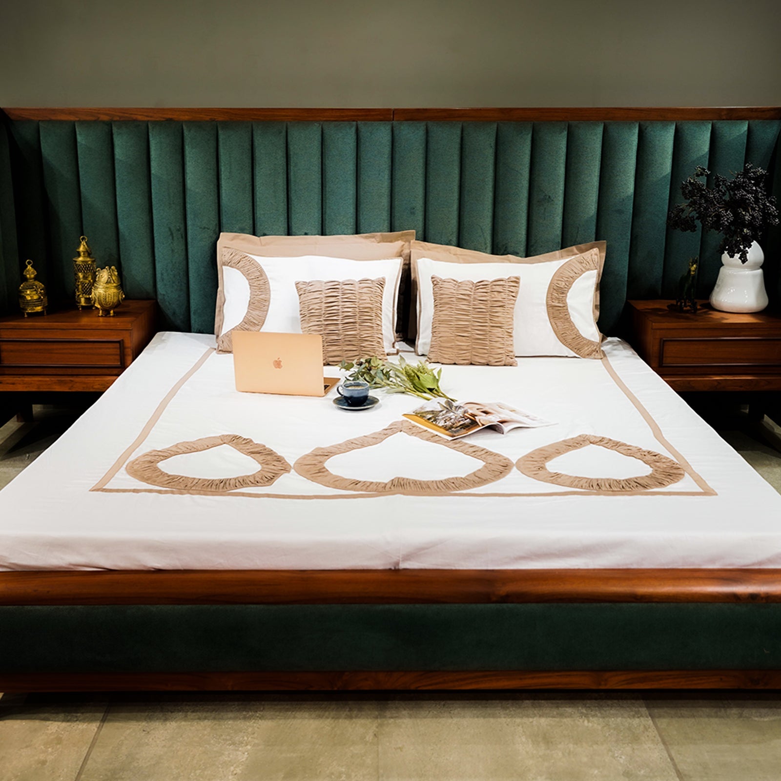 Mocha Bliss Teardrop Elegance by Aetherea with 100% Cotton, 300 TC, 500 TC, Brown, Coffee, Cushion, Designer Bedsheets, King, Queen, Royal Blue, Solid, Teardrop, White at Kamakhyaa for sustainable fashion