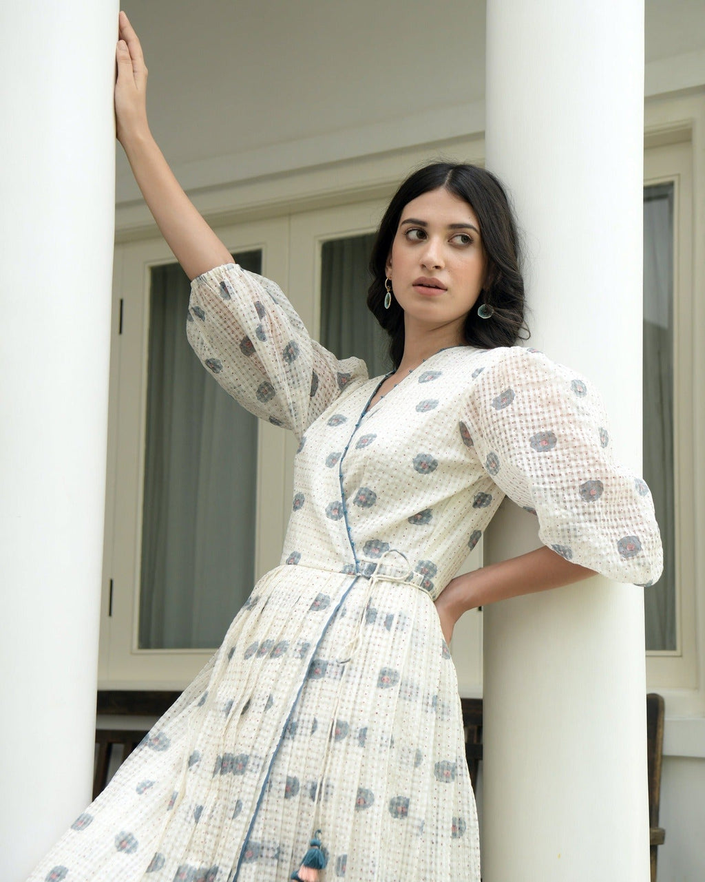 White Printed Cotton Maxi Dress by Taro with Evening Wear, Handwoven cotton, Indo-Western, July Sale, July Sale 2023, Maxi Dresses, Natural, Printed Selfsame, Prints, Regular Fit, White, Wildflower by Taro, Womenswear, Wrap Dresses at Kamakhyaa for sustainable fashion