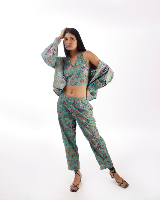 Green Printed 3 Piece Co-ord Set by Kamakhyaa with 100% pure cotton, Casual Wear, Co-ord Sets, FB ADS JUNE, Fitted At Waist, Green, KKYSS, Naturally Made, Printed, Regular Fit, Summer Sutra, Womenswear at Kamakhyaa for sustainable fashion
