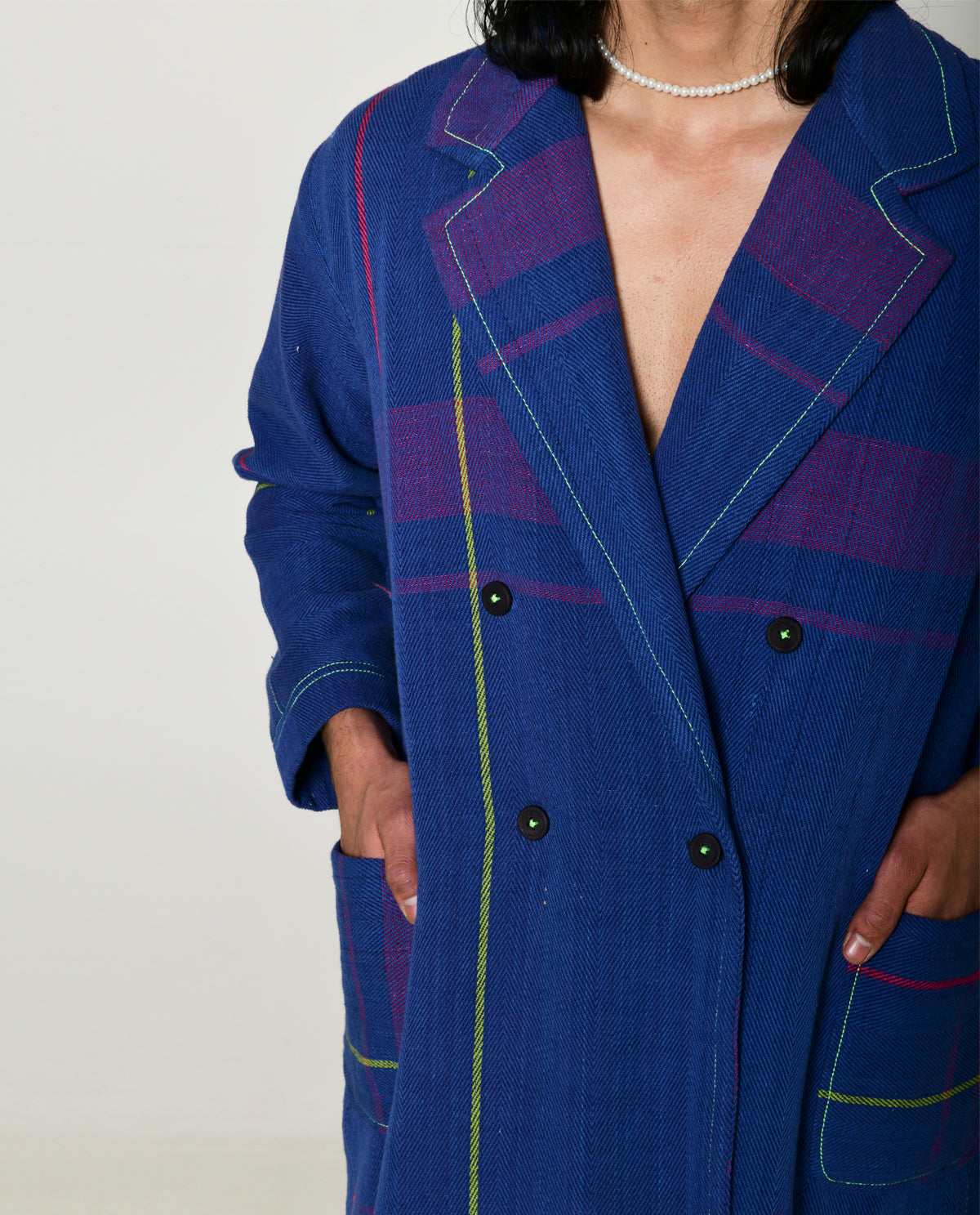 Recycled Blue Striped Cotton Trench Coat by Rias Jaipur with 100% Cotton, Blue, Casual wear, Multicolor, Natural, Overlays, RE 2.O, RE 2.O by Rias Jaipur, Regular, Stripes, Unisex, Womenswear at Kamakhyaa for sustainable fashion