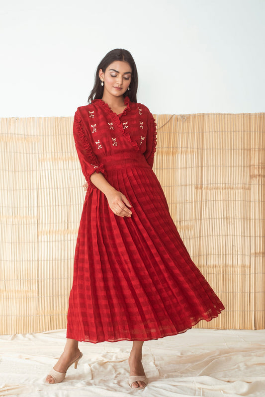 Red Embroidered Maxi Dress by The Loom Art with Capsule by The Loom Art, Embroidered, Handloom Blend, July Sale, July Sale 2023, Maxi Dresses, Natural, Party Wear, Red, Regular Fit, Solid Selfmade, Womenswear at Kamakhyaa for sustainable fashion