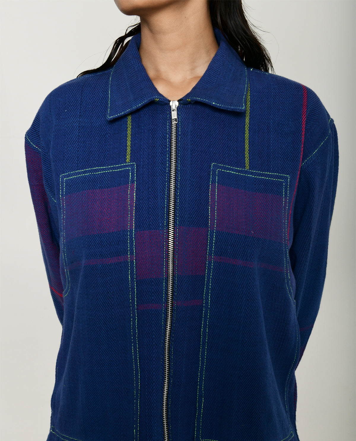 Handwoven Blue striped Cotton Shacket by Rias Jaipur with 100% Cotton, Blue, Casual wear, Multicolor, Natural, RE 2.O, RE 2.O by Rias Jaipur, Relaxed, Stripes, Tops, Unisex, Womenswear at Kamakhyaa for sustainable fashion