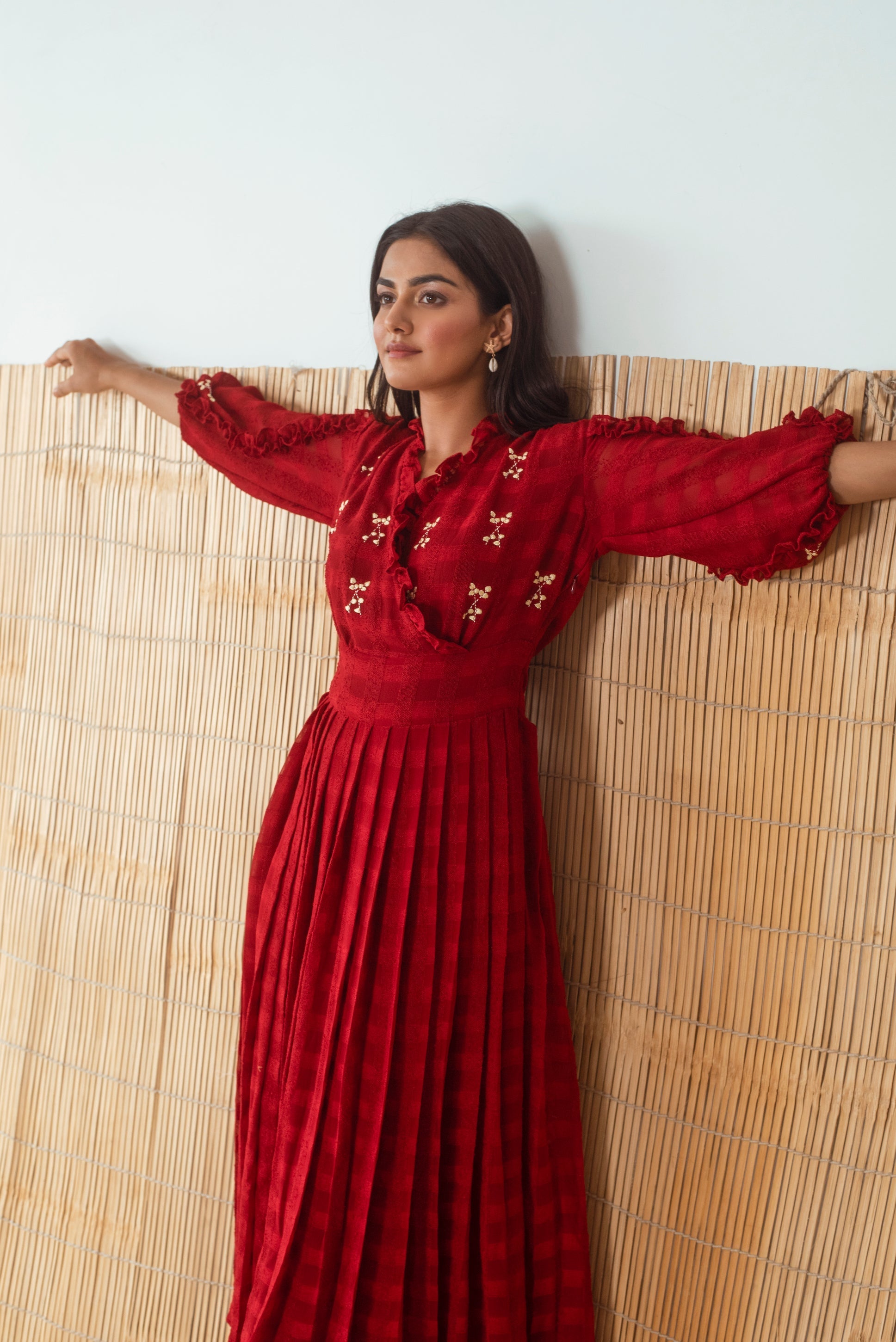Red Embroidered Maxi Dress by The Loom Art with Capsule by The Loom Art, Embroidered, Handloom Blend, July Sale, July Sale 2023, Maxi Dresses, Natural, Party Wear, Red, Regular Fit, Solid Selfmade, Womenswear at Kamakhyaa for sustainable fashion