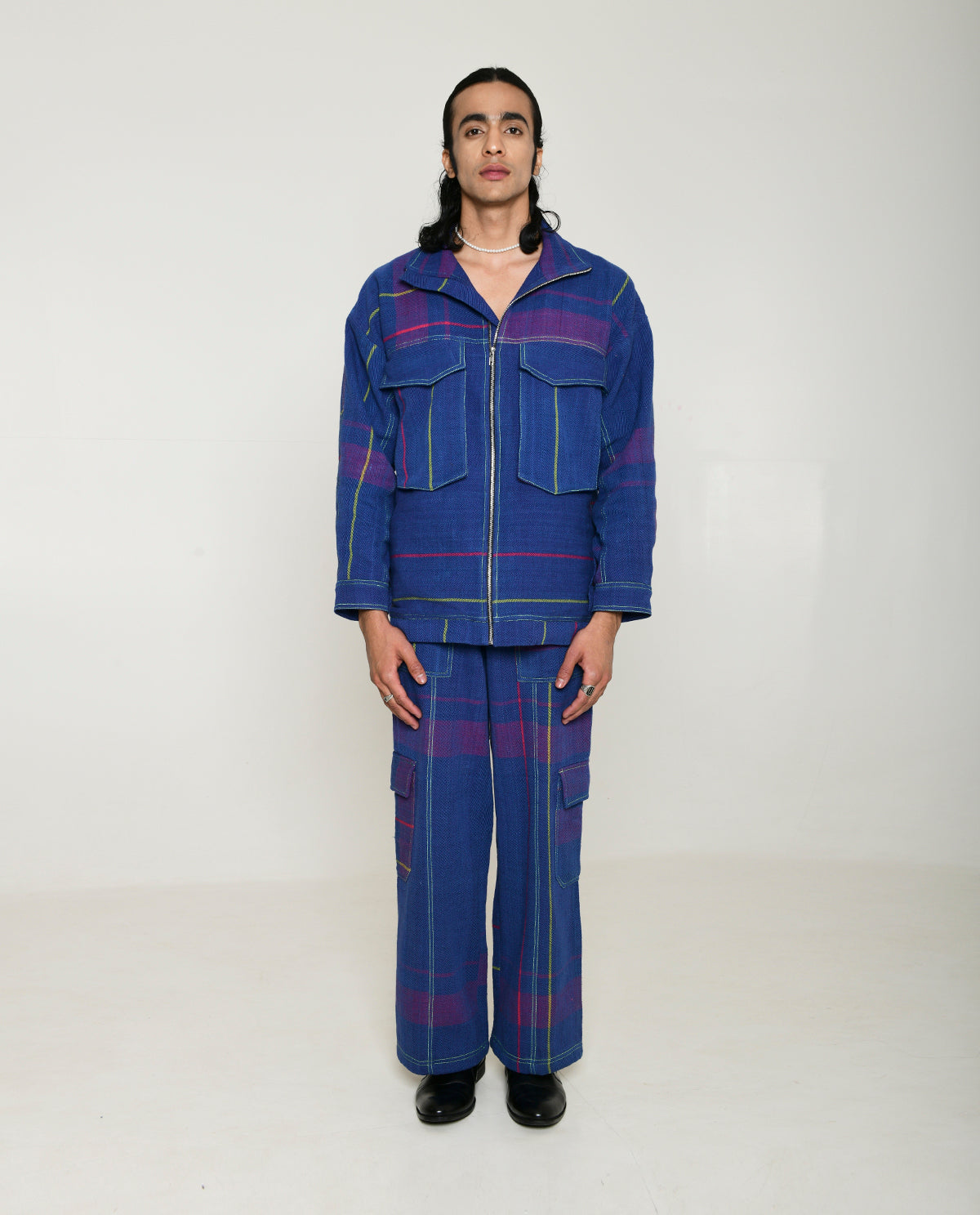 Recycled Blue Multi Colored Cotton Shirt Jacket by Rias Jaipur with 100% Cotton, Blue, Casual wear, Multicolor, Natural, Overlays, RE 2.O, RE 2.O by Rias Jaipur, Relaxed, Stripes, Unisex, Womenswear at Kamakhyaa for sustainable fashion