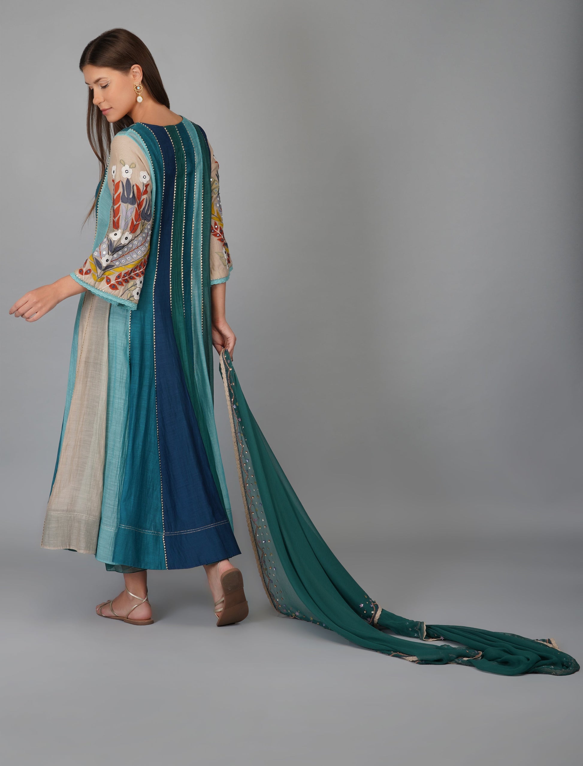 Multi Colored Appliqued Sleeves Chanderi Anarkali Set by Devyani Mehrotra with Chanderi Silk, Cotton, Embroidered, Festive Wear, Georgette, Kurta Pant Sets, Kurta Set with Dupattas, Multicolor, Natural, Pre Spring 2023, Relaxed Fit, Solids, Womenswear at Kamakhyaa for sustainable fashion
