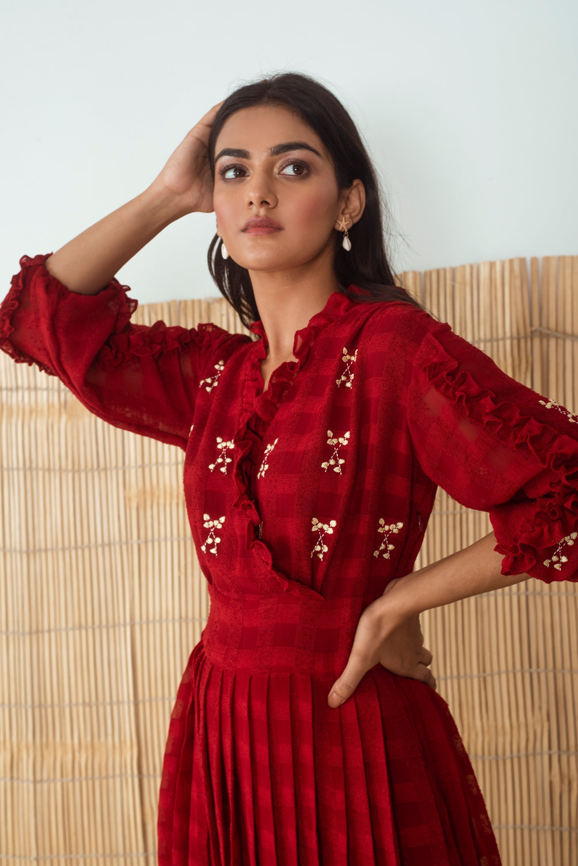 Red Embroidered Maxi Dress by The Loom Art with Capsule by The Loom Art, Embroidered, Handloom Blend, July Sale, July Sale 2023, Maxi Dresses, Natural, Party Wear, Red, Regular Fit, Solid Selfmade, Womenswear at Kamakhyaa for sustainable fashion