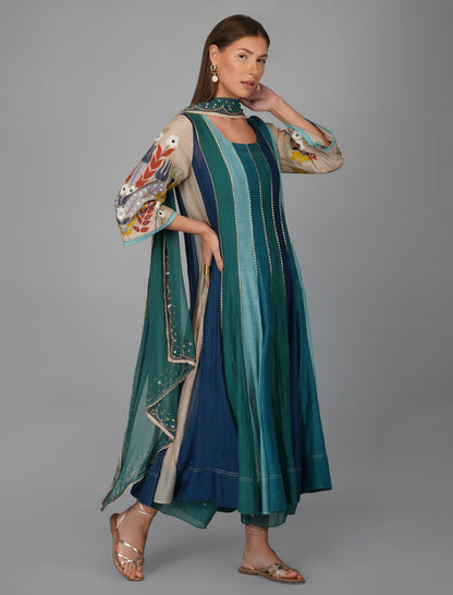 Multi Colored Appliqued Sleeves Chanderi Anarkali Set by Devyani Mehrotra with Chanderi Silk, Cotton, Embroidered, Festive Wear, Georgette, Kurta Pant Sets, Kurta Set with Dupattas, Multicolor, Natural, Pre Spring 2023, Relaxed Fit, Solids, Womenswear at Kamakhyaa for sustainable fashion