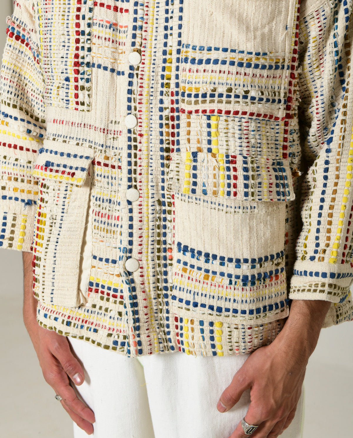 Recycled White Multi Colored Collared Cotton Shirt by Rias Jaipur with 100% Cotton, Casual wear, Multi-coloured, Natural, RE 2.O, RE 2.O by Rias Jaipur, Regular, Stripes, Tops, Unisex, White, Womenswear at Kamakhyaa for sustainable fashion