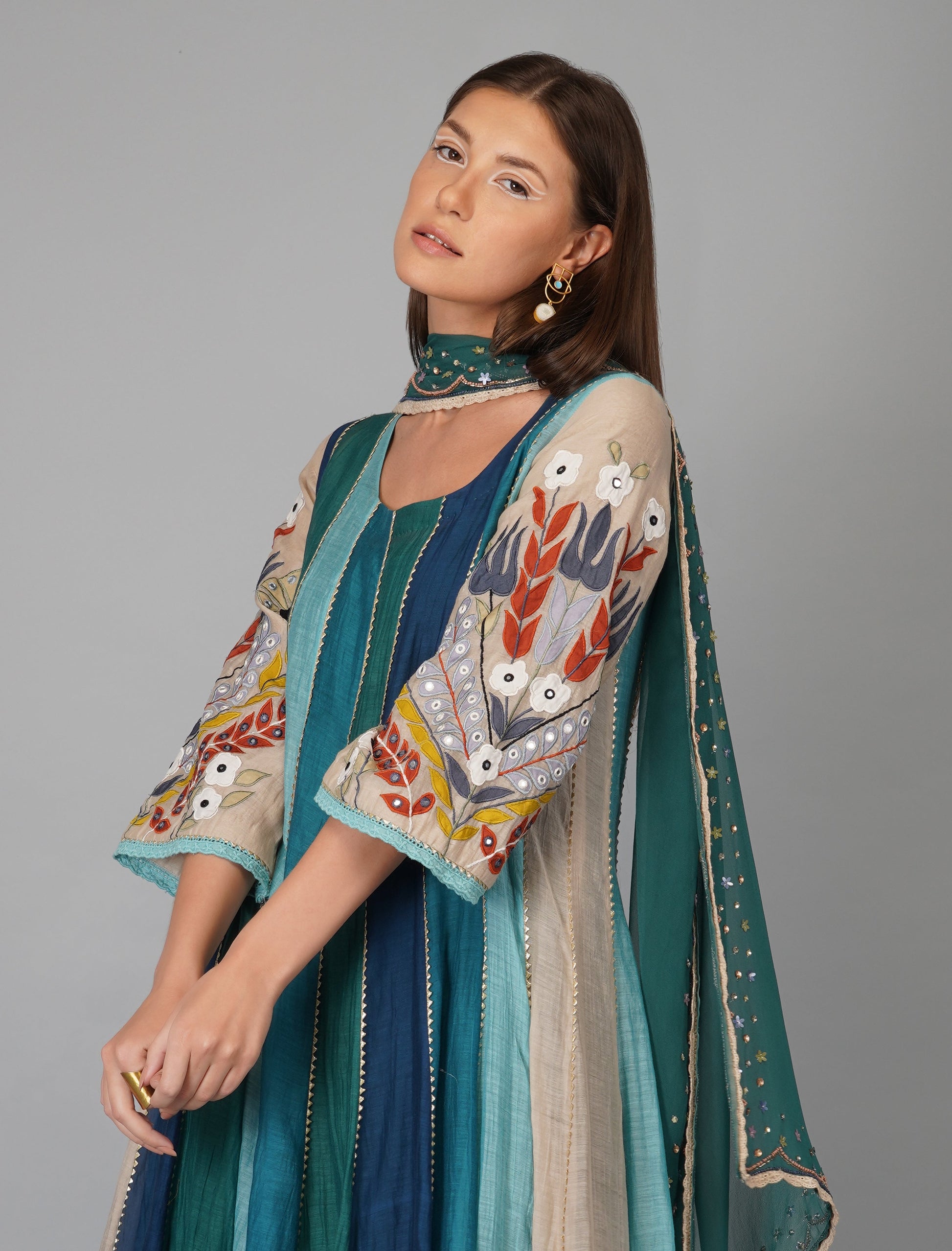 Multi Colored Appliqued Sleeves Chanderi Anarkali Set by Devyani Mehrotra with Chanderi Silk, Cotton, Embroidered, Festive Wear, Georgette, Kurta Pant Sets, Kurta Set with Dupattas, Multicolor, Natural, Pre Spring 2023, Relaxed Fit, Solids, Womenswear at Kamakhyaa for sustainable fashion