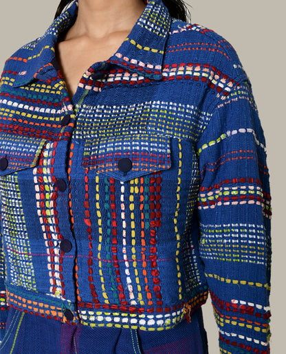 Recycled Blue Multi Colored Cotton Jacket by Rias Jaipur with 100% Cotton, Blue, Casual wear, Multicolor, Natural, Overlays, RE 2.O, RE 2.O by Rias Jaipur, Regular, Stripes, Unisex, Womenswear at Kamakhyaa for sustainable fashion