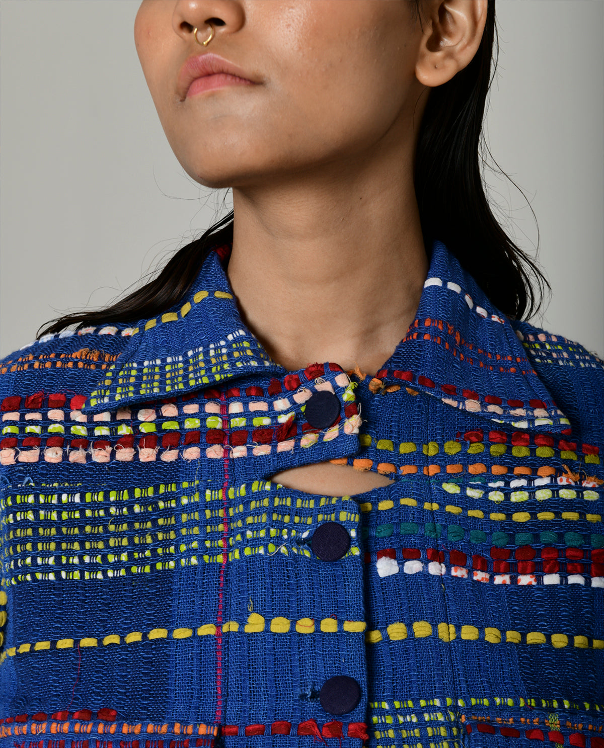 Recycled Blue Multi Colored Cropped Cotton Jacket by Rias Jaipur with 100% Cotton, Blue, Casual wear, Multicolor, Natural, Overlays, RE 2.O, RE 2.O by Rias Jaipur, Regular, Stripes, Unisex, Womenswear at Kamakhyaa for sustainable fashion