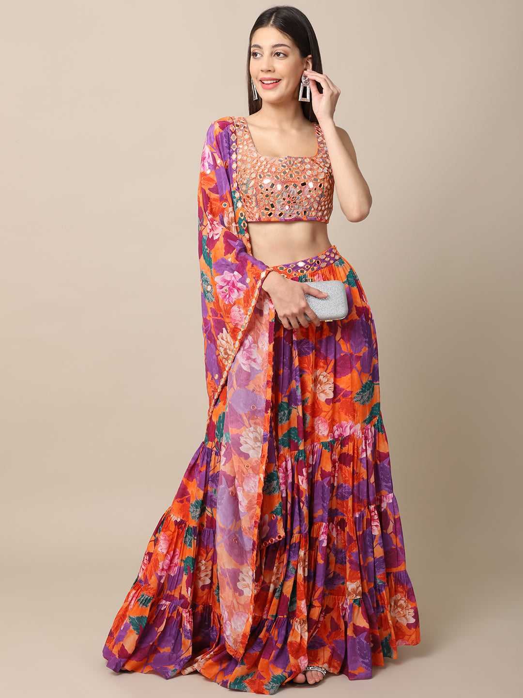 Crepe Orange Printed Lehenga Set by Ewoke with Bemberg, Best Selling, Crepe, Festive 23, Festive Wear, Lehengas Sets, Natural with azo free dyes, Orange, Prints, Regular Fit, Womenswear at Kamakhyaa for sustainable fashion