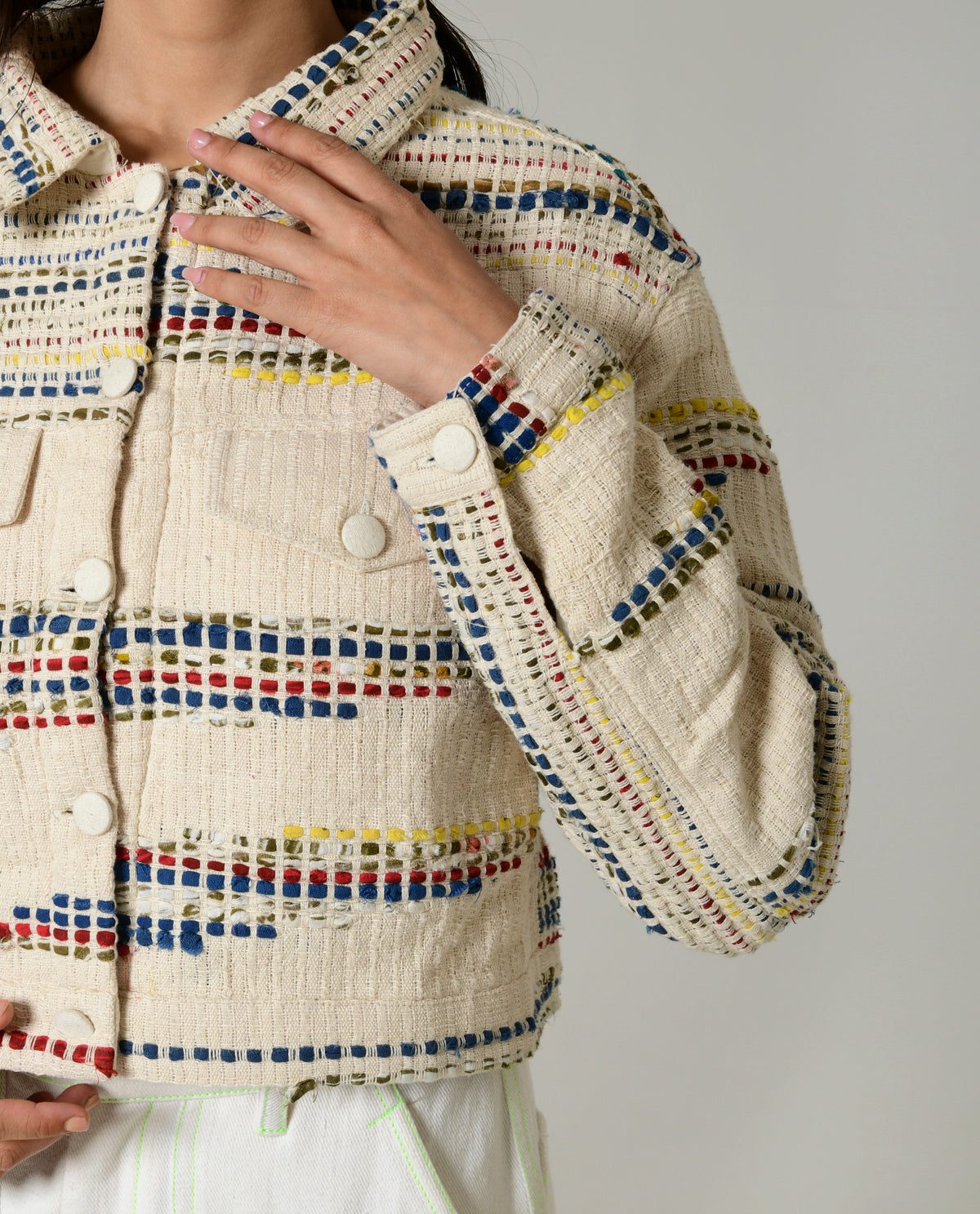 Recycled White Multi Colored Cropped Cotton Jacket by Rias Jaipur with 100% Cotton, Casual wear, Multicolor, Natural, RE 2.O, RE 2.O by Rias Jaipur, Regular, Stripes, Unisex, White, Womenswear at Kamakhyaa for sustainable fashion