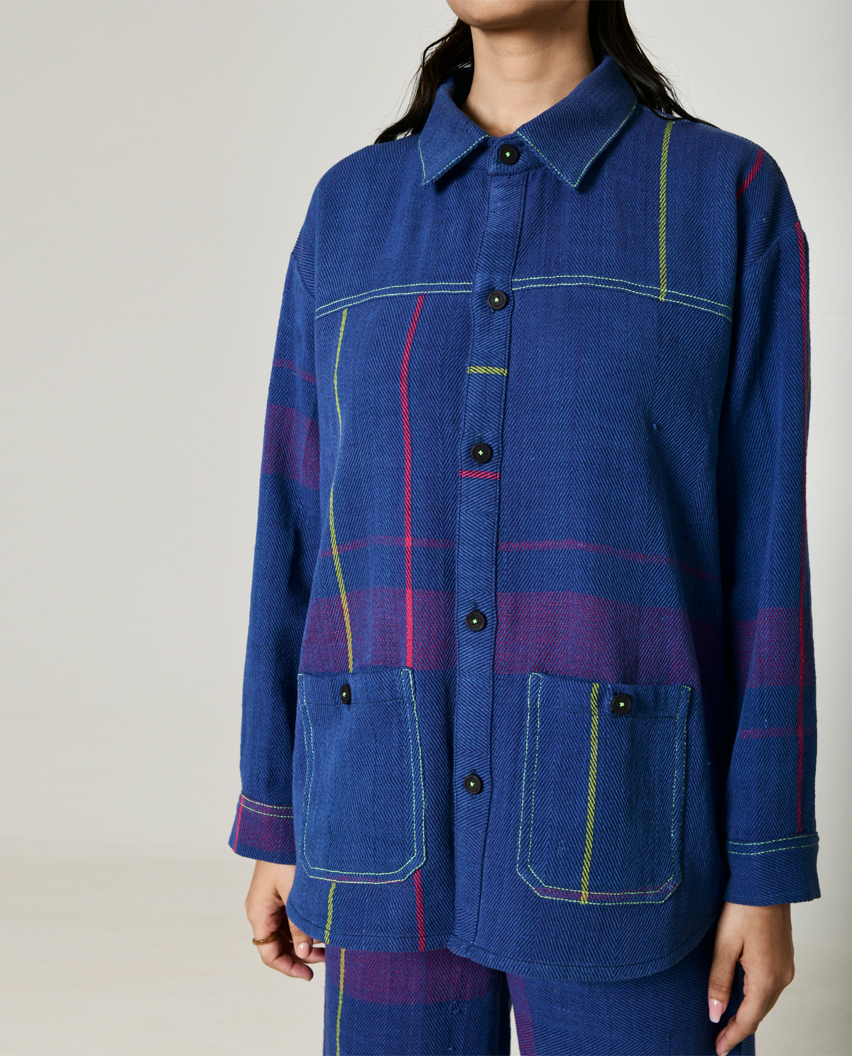 Recycled Blue Striped Shacket With pockets at Kamakhyaa by Rias Jaipur. This item is 100% Cotton, Blue, Casual wear, Multicolor, Natural, Overlays, RE 2.O, Relaxed, Stripes, Tops, Unisex, Womenswear