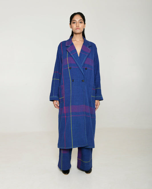 Handwoven Blue Striped Cotton Trench Coat by Rias Jaipur with 100% Cotton, Blue, Casual wear, Multicolor, Natural, Overlays, RE 2.O, RE 2.O by Rias Jaipur, Regular, Stripes, Unisex, Womenswear at Kamakhyaa for sustainable fashion