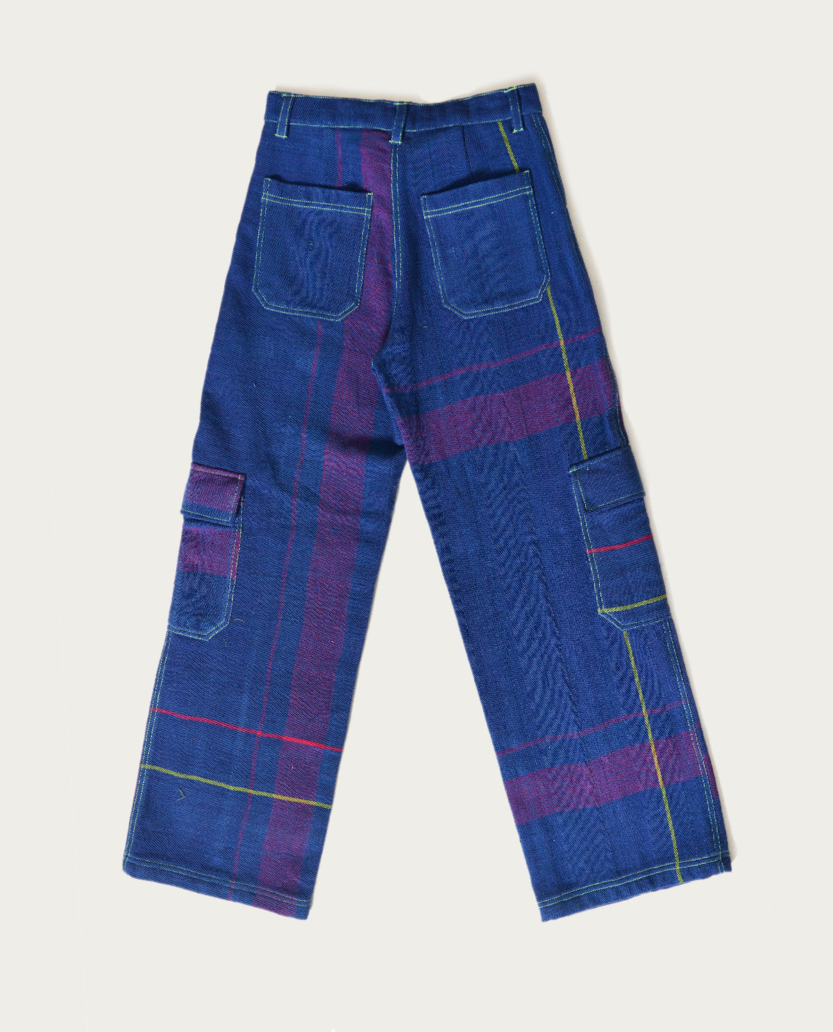 Recycled Blue Multi Colored Cargo Pants by Rias Jaipur with 100% Cotton, Blue, Bottoms, Casual wear, Multicolor, Natural, Pants, RE 2.O, RE 2.O by Rias Jaipur, Regular, Stripes, Unisex, Womenswear at Kamakhyaa for sustainable fashion