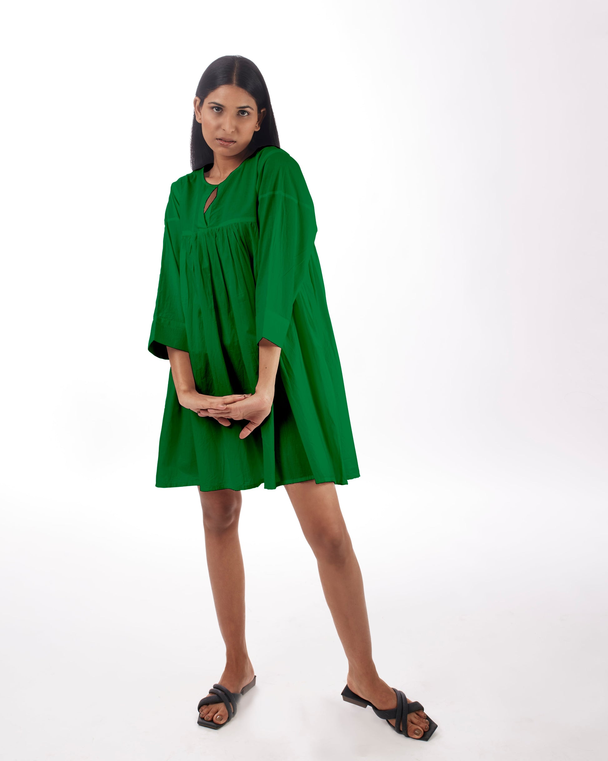 Green Yoke Mini Dress by Kamakhyaa with 100% pure cotton, Casual Wear, FB ADS JUNE, Fitted At Waist, Green, KKYSS, Loose Fit, Mini Dresses, Naturally Made, Solids, Summer Sutra, Womenswear at Kamakhyaa for sustainable fashion