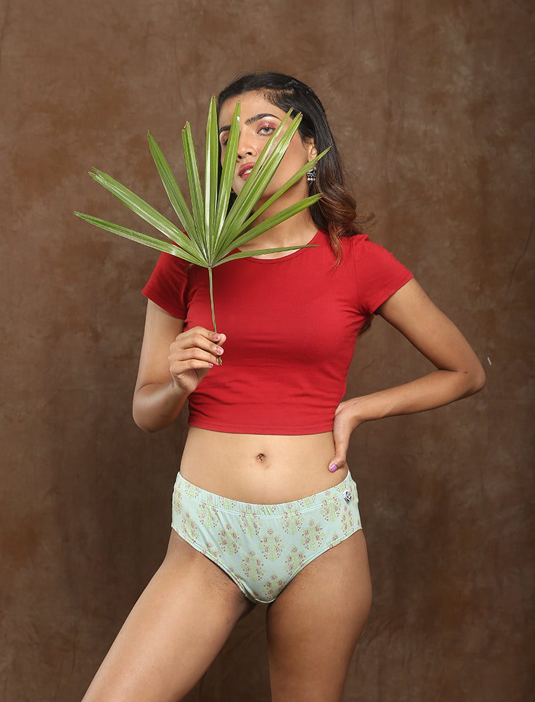 Green Organic Printed Cotton Brief by Wear Equal with Boyshorts, Briefs, Casual Wear, Cotton, Green, Less than $50, lingerie, Natural, panties, Prints, Products less than $25, Regular Fit, Womenswear at Kamakhyaa for sustainable fashion