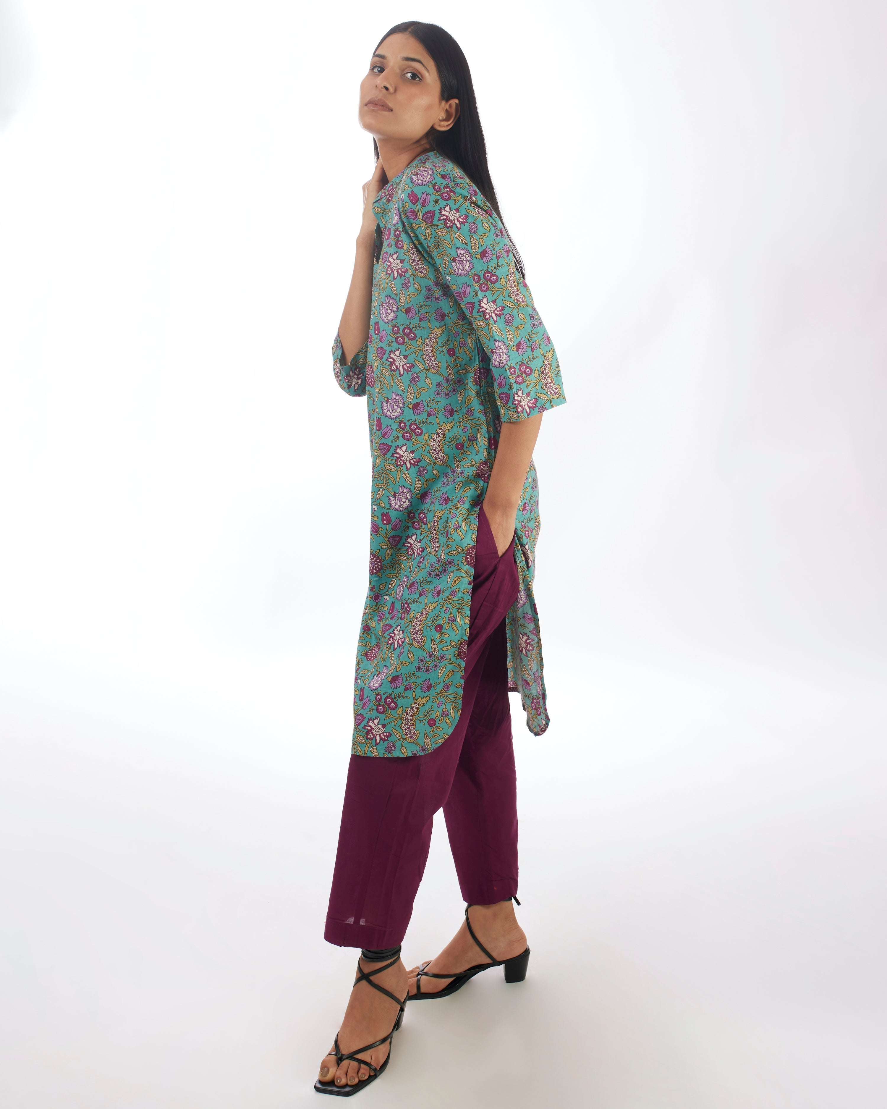 Green Kurta with Plum Pants by Indian Wear with 100% pure cotton, Casual Wear, Green, Indian Wear, KKYSS, Kurta Pant Sets, Natural, Prints, Regular Fit, Summer Sutra, Womenswear at Kamakhyaa for sustainable fashion