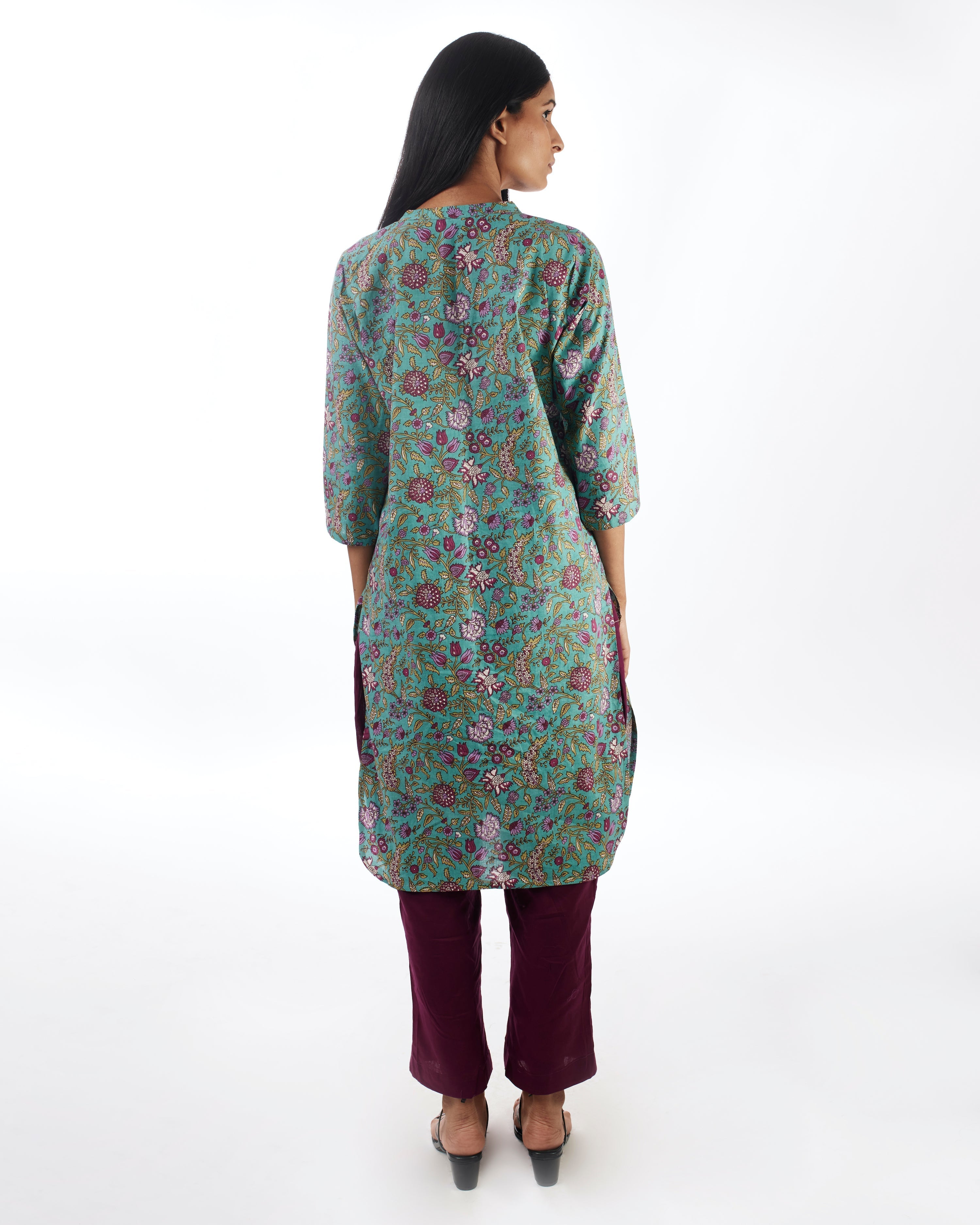 Green Kurta with Plum Pants by Indian Wear with 100% pure cotton, Casual Wear, Green, Indian Wear, KKYSS, Kurta Pant Sets, Natural, Prints, Regular Fit, Summer Sutra, Womenswear at Kamakhyaa for sustainable fashion
