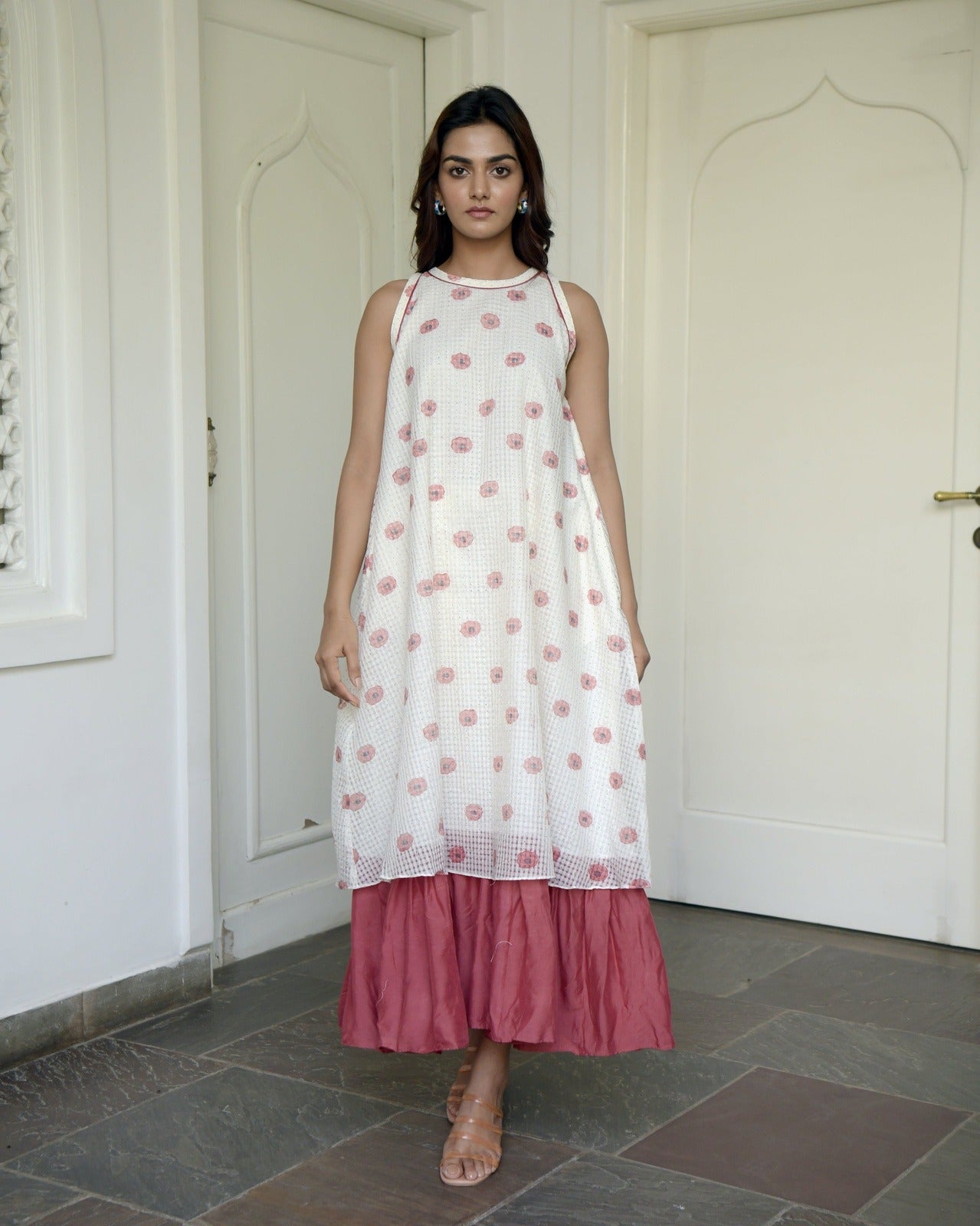 White Printed Cotton Maxi Dress by Taro with Evening Wear, Handwoven cotton, Indo-Western, July Sale, July Sale 2023, Maxi Dresses, Natural, Prints, Regular Fit, Sleeveless Dresses, White, Wildflower by Taro, Womenswear at Kamakhyaa for sustainable fashion