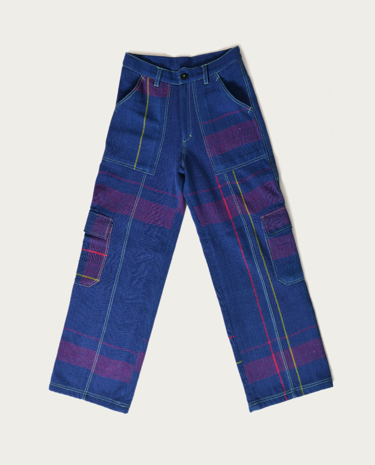 Recycled Blue Multi Colored Cargo Pants by Rias Jaipur with 100% Cotton, Blue, Bottoms, Casual wear, Multicolor, Natural, Pants, RE 2.O, RE 2.O by Rias Jaipur, Regular, Stripes, Unisex, Womenswear at Kamakhyaa for sustainable fashion