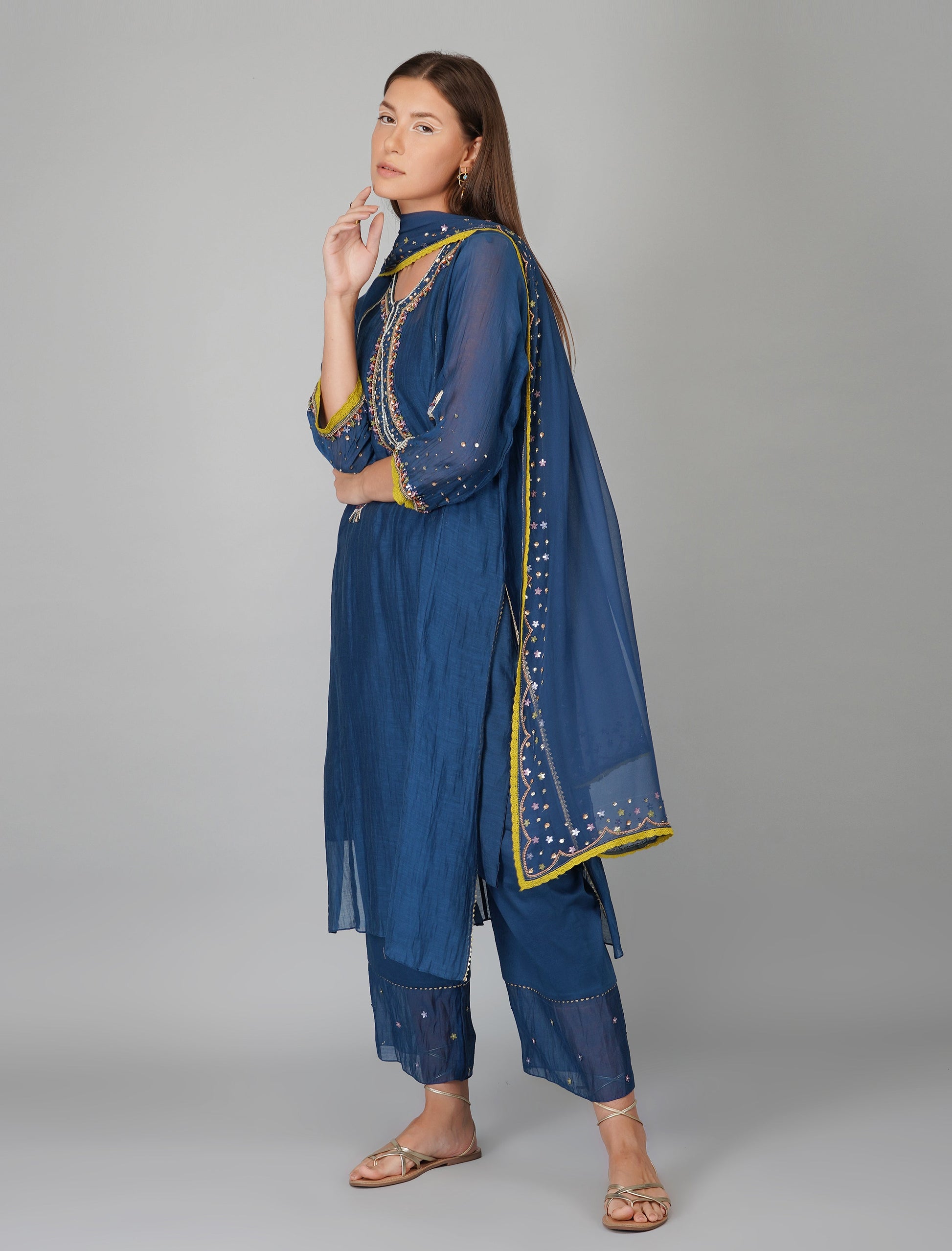 Blue Chanderi Sequins Embellished Kurta Set by Devyani Mehrotra with Blue, Chanderi Silk, Cotton, Embroidered, Evening Wear, Georgette, Kurta Pant Sets, Kurta Set with Dupattas, Natural, Pre Spring 2023, Relaxed Fit, Solids, Womenswear at Kamakhyaa for sustainable fashion
