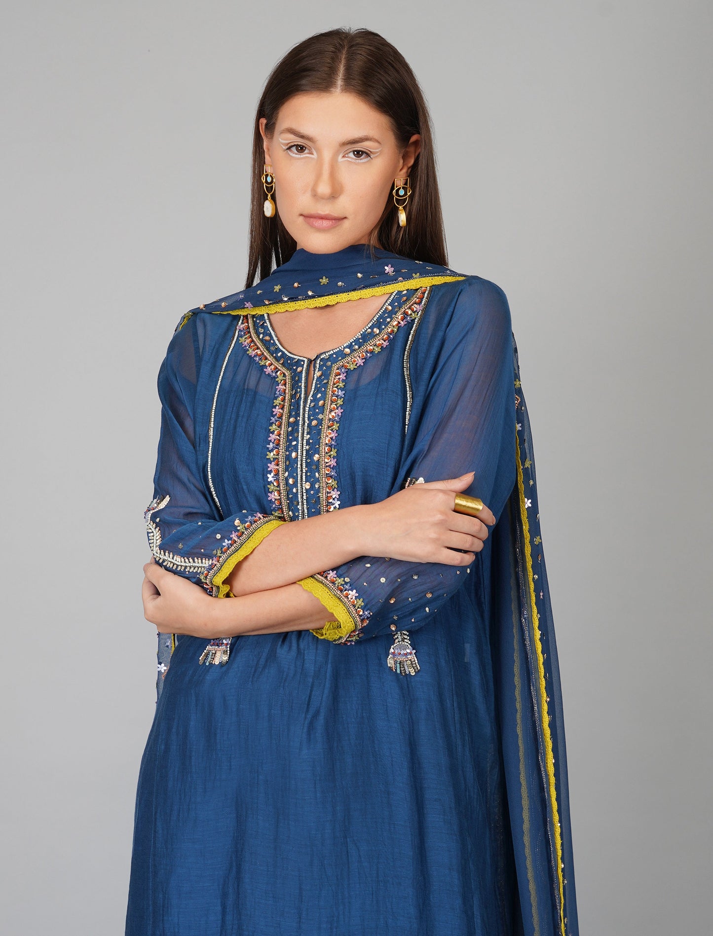 Blue Chanderi Sequins Embellished Kurta Set by Devyani Mehrotra with Blue, Chanderi Silk, Cotton, Embroidered, Evening Wear, Georgette, Kurta Pant Sets, Kurta Set with Dupattas, Natural, Pre Spring 2023, Relaxed Fit, Solids, Womenswear at Kamakhyaa for sustainable fashion