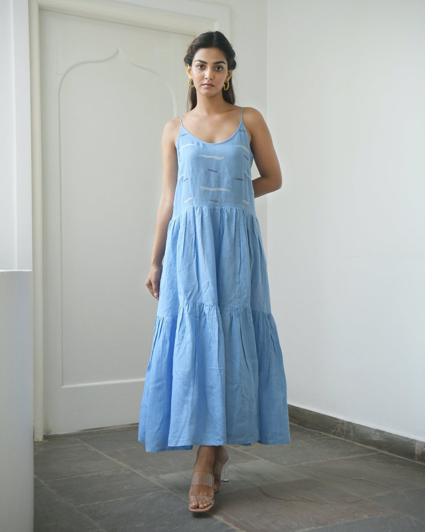 Blue Maxi Dress by Taro with Blue, Evening Wear, Handwoven Linen, Indo-Western, July Sale, July Sale 2023, Maxi Dresses, Natural, Regular Fit, Solids, Wildflower by Taro, Womenswear at Kamakhyaa for sustainable fashion