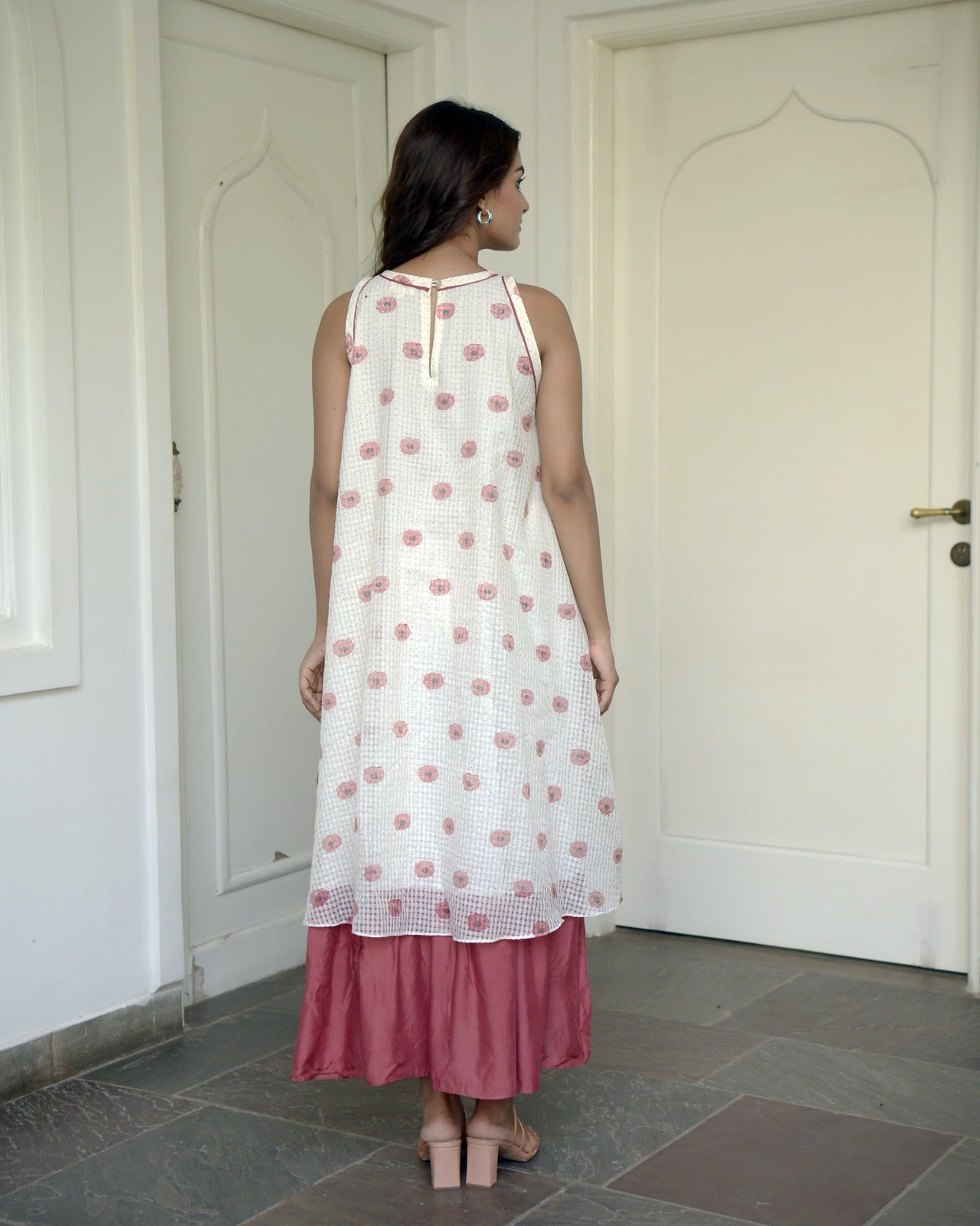 White Printed Cotton Maxi Dress by Taro with Evening Wear, Handwoven cotton, Indo-Western, July Sale, July Sale 2023, Maxi Dresses, Natural, Prints, Regular Fit, Sleeveless Dresses, White, Wildflower by Taro, Womenswear at Kamakhyaa for sustainable fashion