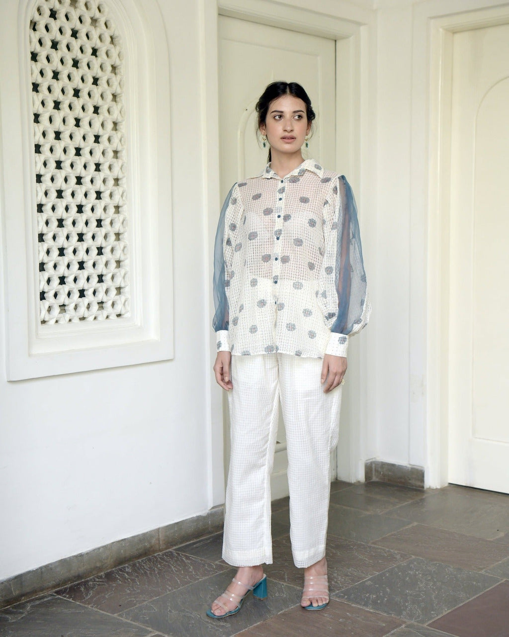 White Printed Cotton Shirt by Taro with Evening Wear, Handwoven cotton, Indo-Western, July Sale, July Sale 2023, Natural, Prints, Regular Fit, Shirts, White, Wildflower by Taro, Womenswear at Kamakhyaa for sustainable fashion