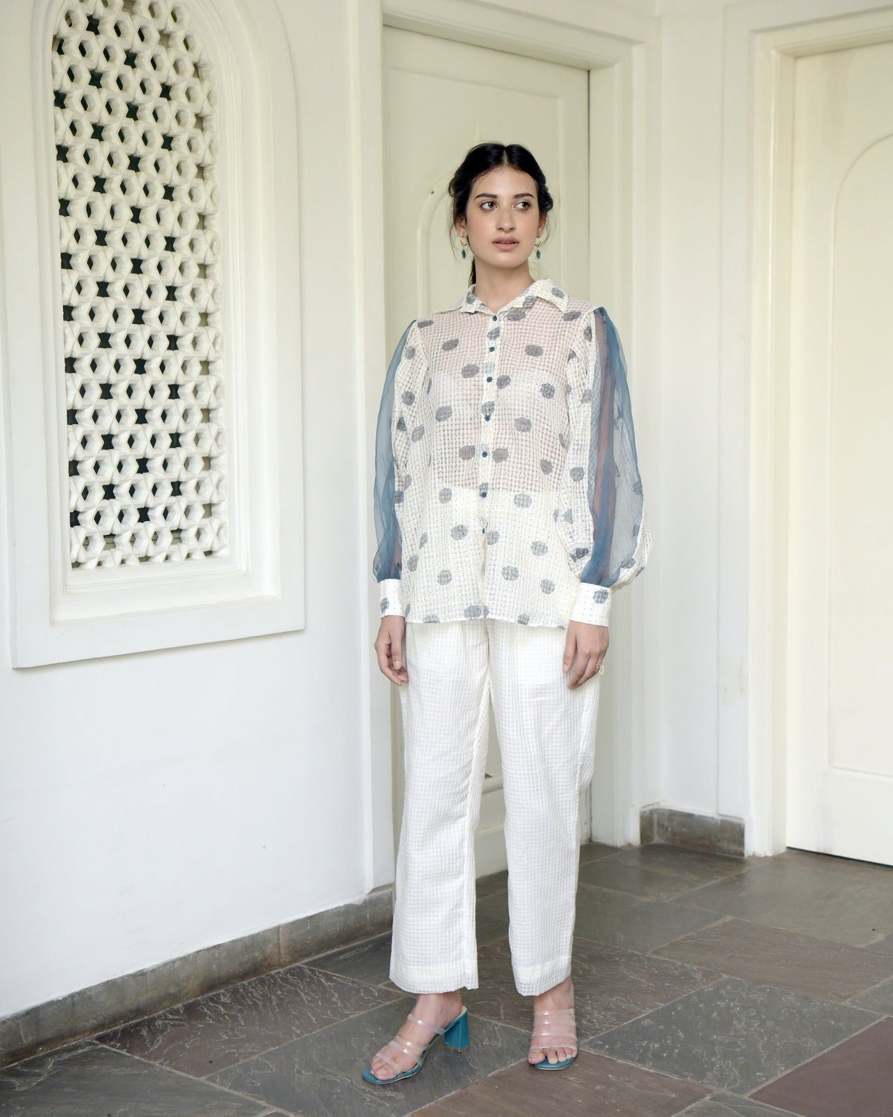 White Pants by Taro with Evening Wear, Gulzar by Taro, Handwoven cotton, Indo-Western, July Sale, July Sale 2023, Natural, Pants, Prints, Regular Fit, White, Womenswear at Kamakhyaa for sustainable fashion