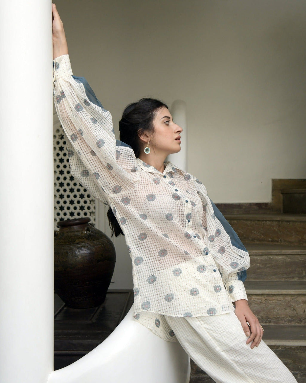 White Printed Cotton Shirt by Taro with Evening Wear, Handwoven cotton, Indo-Western, July Sale, July Sale 2023, Natural, Prints, Regular Fit, Shirts, White, Wildflower by Taro, Womenswear at Kamakhyaa for sustainable fashion
