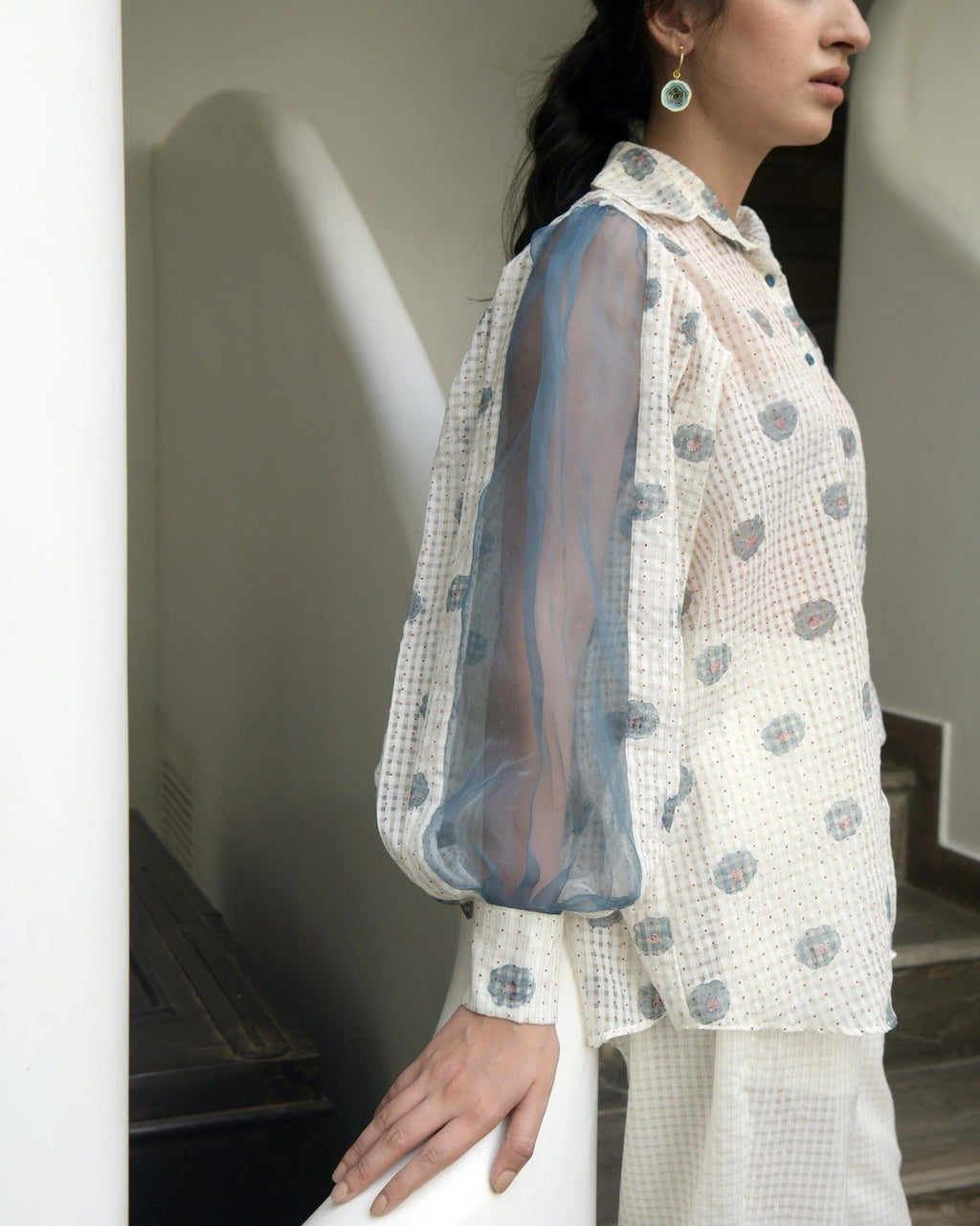 White Printed Cotton Shirt by Taro with Evening Wear, Handwoven cotton, Indo-Western, July Sale, July Sale 2023, Natural, Prints, Regular Fit, Shirts, White, Wildflower by Taro, Womenswear at Kamakhyaa for sustainable fashion