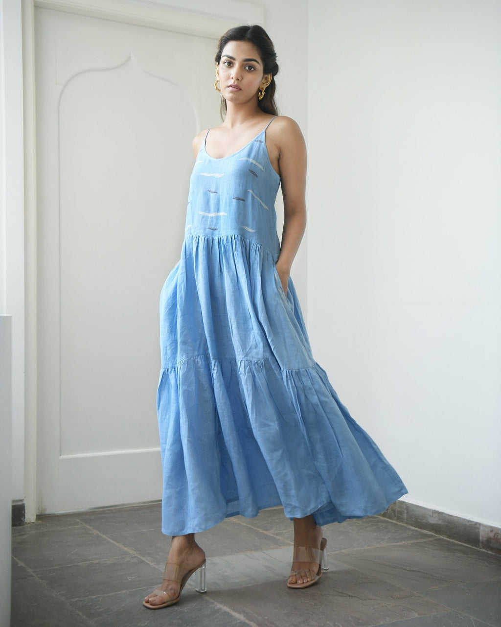 Blue Maxi Dress by Taro with Blue, Evening Wear, Handwoven Linen, Indo-Western, July Sale, July Sale 2023, Maxi Dresses, Natural, Regular Fit, Solids, Wildflower by Taro, Womenswear at Kamakhyaa for sustainable fashion
