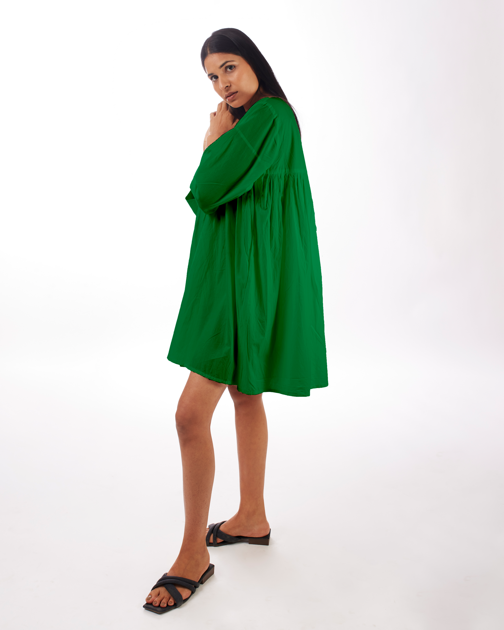 Green Yoke Mini Dress by Kamakhyaa with 100% pure cotton, Casual Wear, FB ADS JUNE, Fitted At Waist, Green, KKYSS, Loose Fit, Mini Dresses, Naturally Made, Solids, Summer Sutra, Womenswear at Kamakhyaa for sustainable fashion