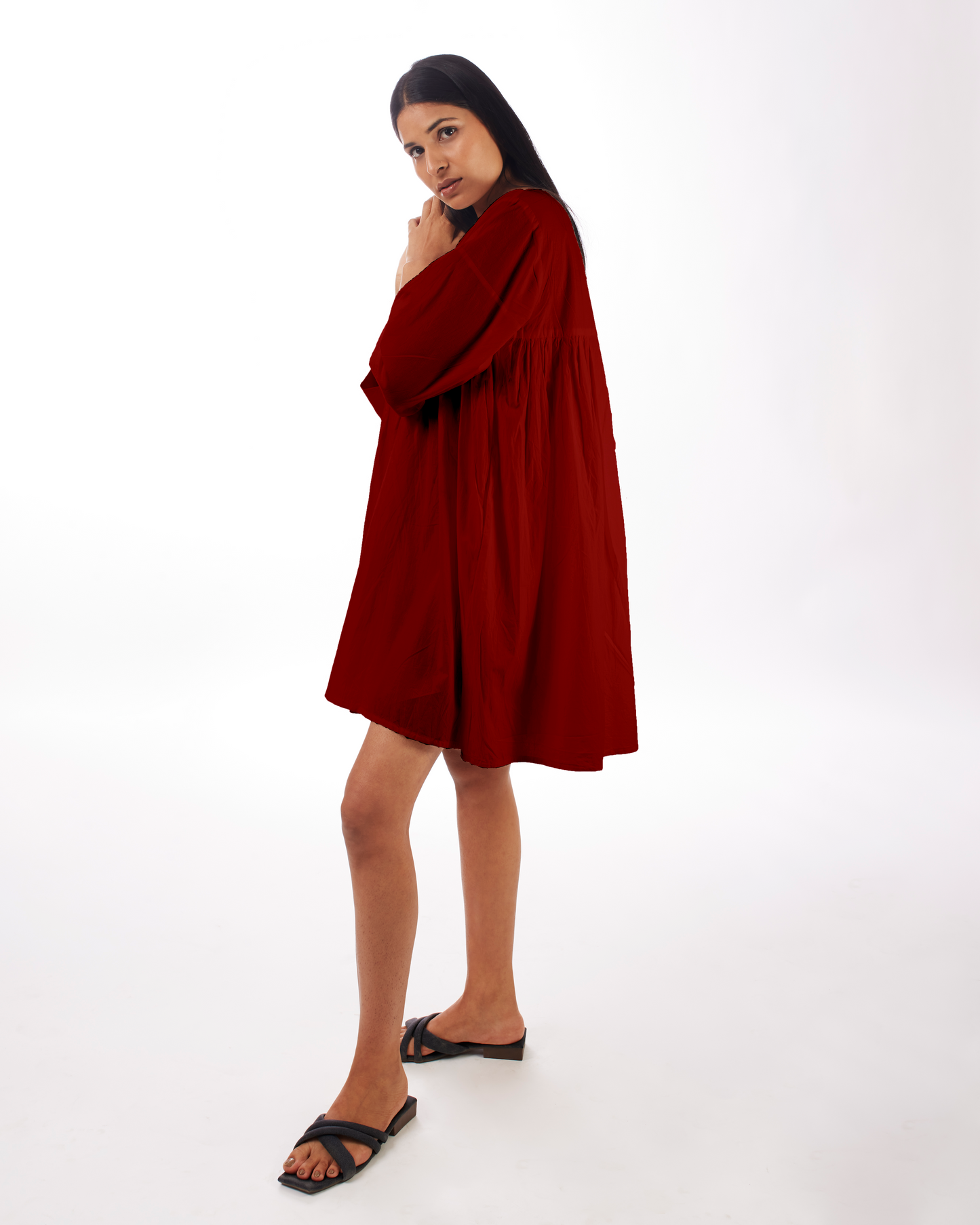 Red Yoke Mini Dress by Kamakhyaa with 100% pure cotton, Casual Wear, FB ADS JUNE, Fitted At Waist, KKYSS, Loose Fit, Mini Dresses, Naturally Made, Red, Solids, Summer Sutra, Womenswear at Kamakhyaa for sustainable fashion