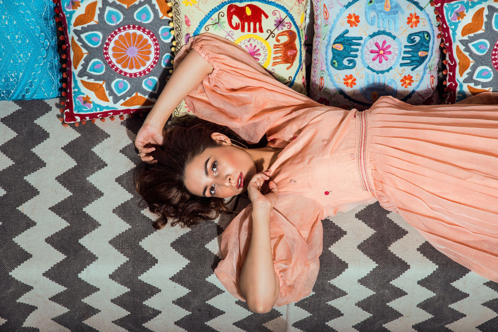 Indie Tribe Blush Midi Dress by The Loom Art with Handloomed Kota Doria Silk, Indie Tribe by The Loom Art, July Sale, July Sale 2023, Maxi Dresses, Natural, Ombre & Dyes, Party Wear, Pink, Presentation, Regular Fit, Womenswear at Kamakhyaa for sustainable fashion