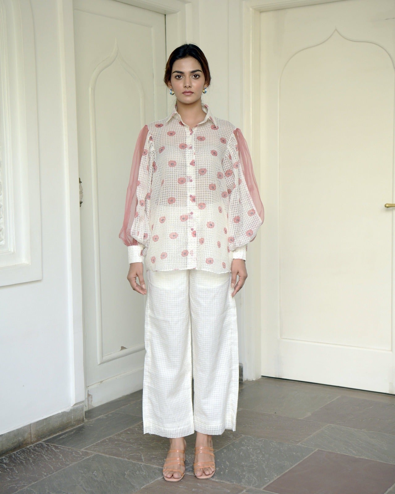 White Pants Bottoms Fitted At Waist, Gulzar Taro, Handwoven cotton, Natural, Prints, Regular Fit, Taro Kamakhyaa