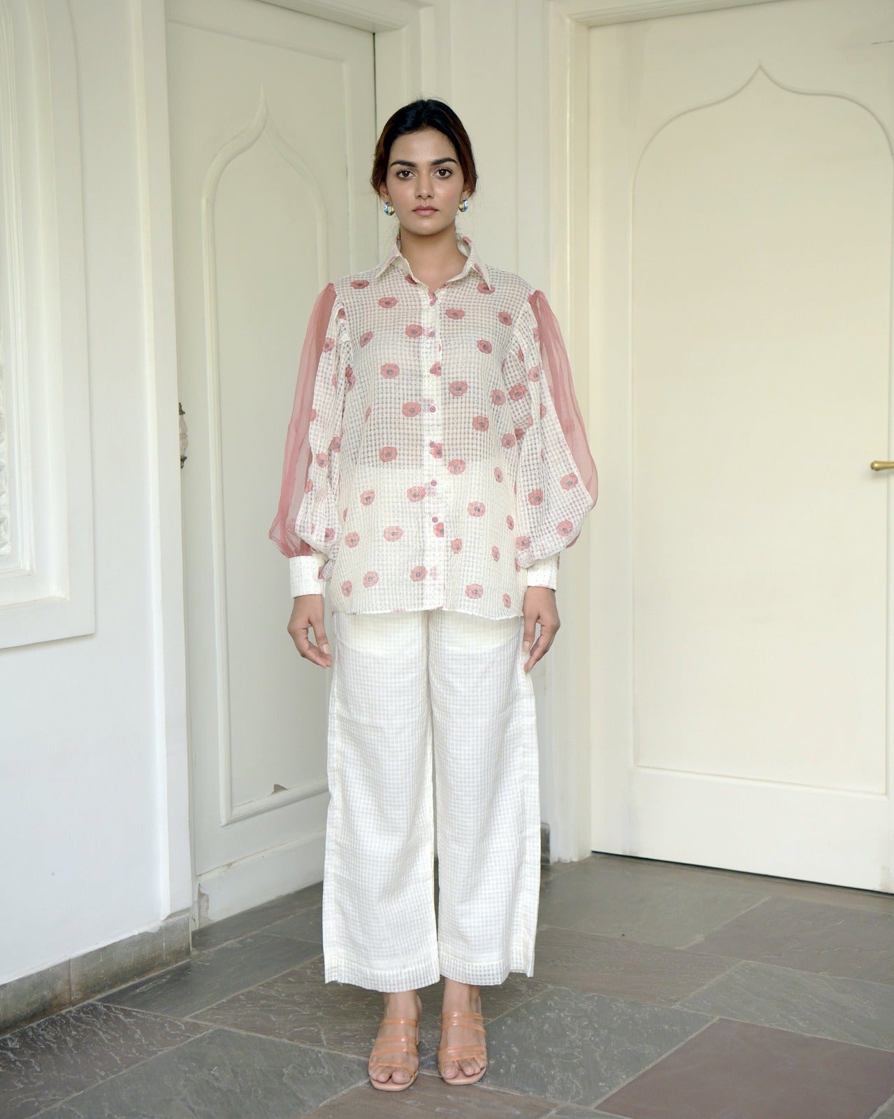 White Pants by Taro with Evening Wear, Gulzar by Taro, Handwoven cotton, Indo-Western, July Sale, July Sale 2023, Natural, Pants, Prints, Regular Fit, White, Womenswear at Kamakhyaa for sustainable fashion