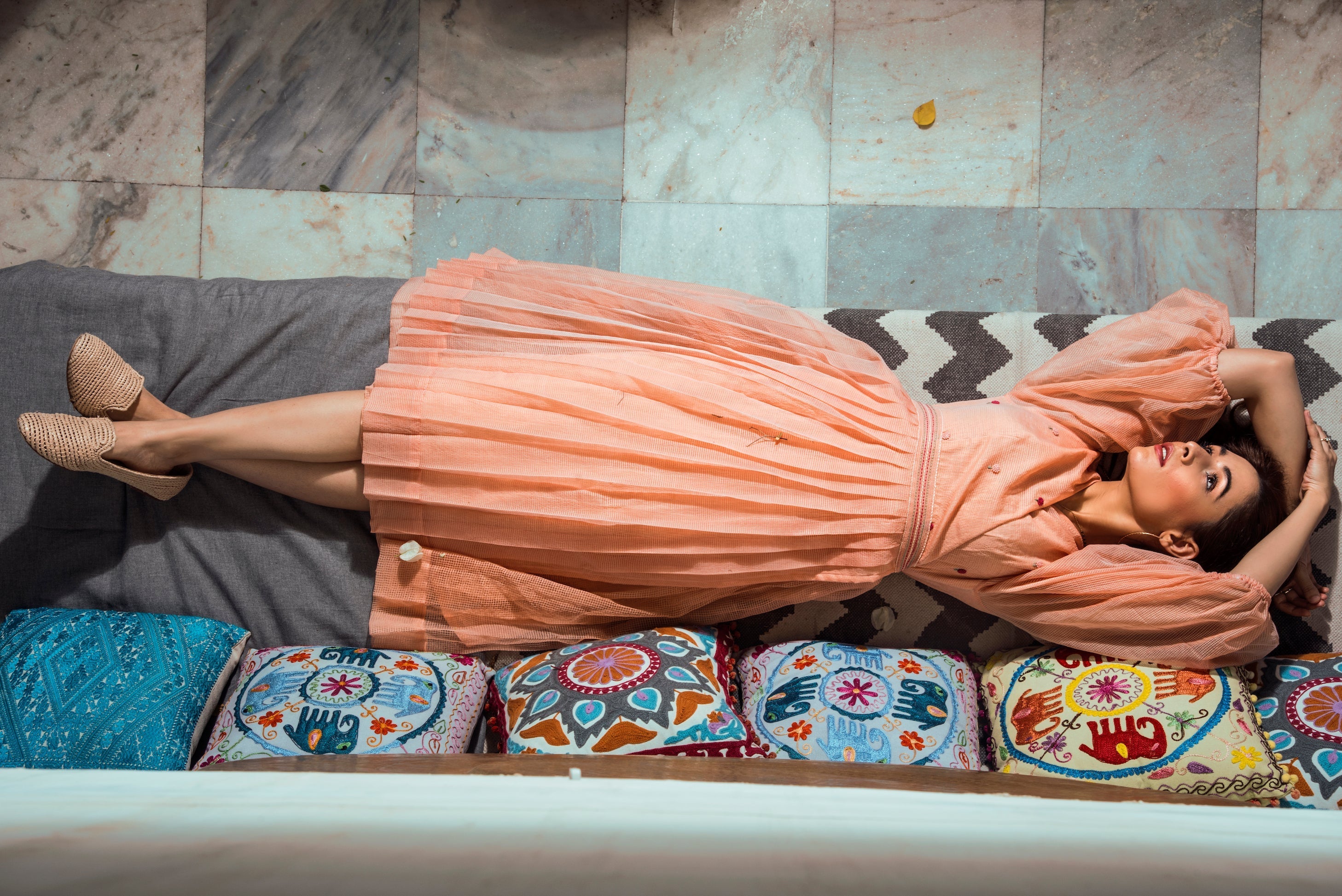 Indie Tribe Blush Midi Dress by The Loom Art with Handloomed Kota Doria Silk, Indie Tribe by The Loom Art, July Sale, July Sale 2023, Maxi Dresses, Natural, Ombre & Dyes, Party Wear, Pink, Presentation, Regular Fit, Womenswear at Kamakhyaa for sustainable fashion