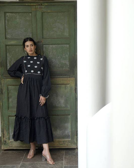Black Cotton Tiered Maxi Dress by Taro with Best Selling, Black, Duplicate, Evening Wear, FB ADS JUNE, For Anniversary, Handwoven Cotton, July Sale, July Sale 2023, Natural, Prints, Regular Fit, Tiered Dresses, Wildflower by Taro, Womenswear at Kamakhyaa for sustainable fashion
