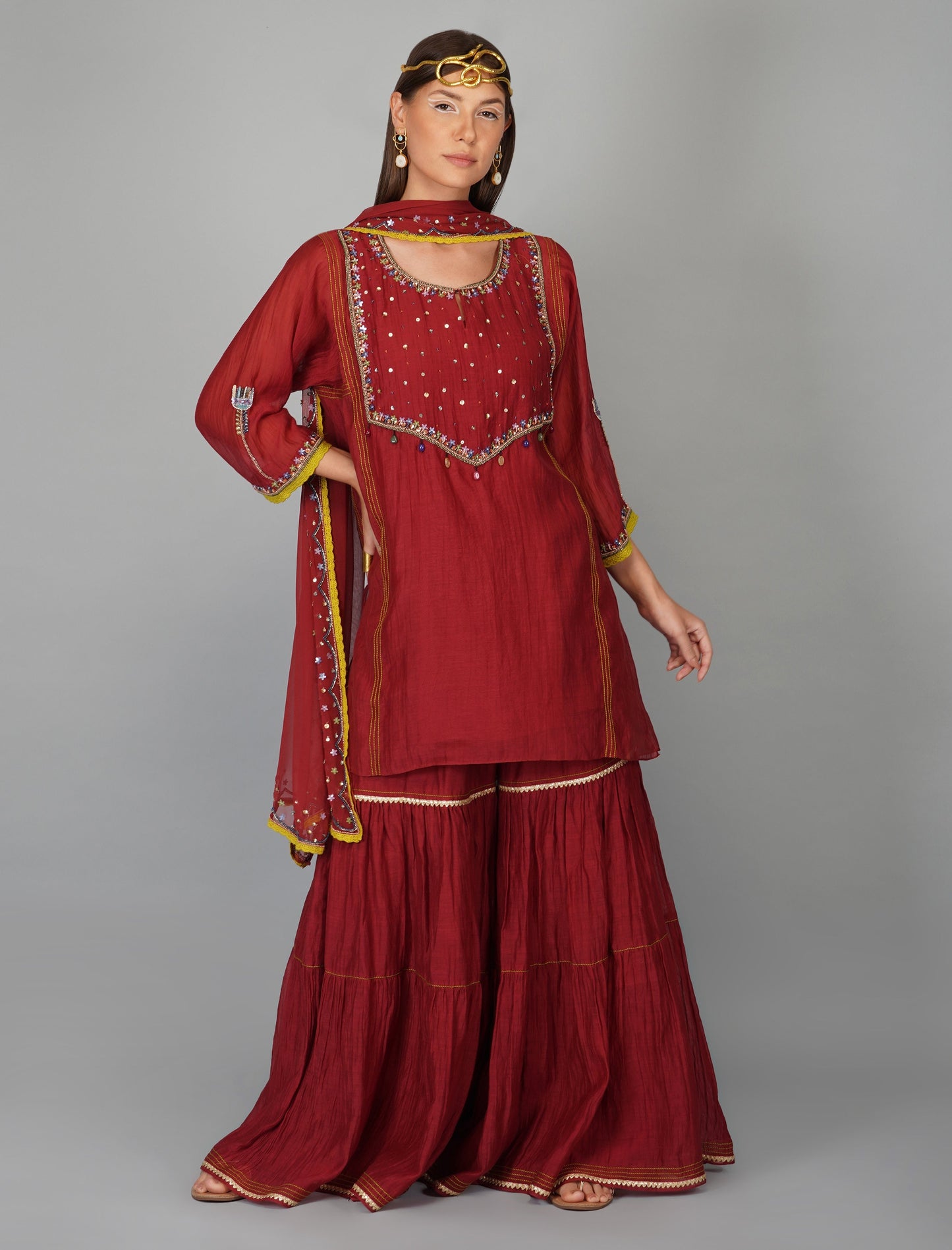 Red Sequined Chanderi Gharara Sets by Devyani Mehrotra with Chanderi Silk, Embellished, Festive Wear, Georgette, Gharara Sets, Natural, Pre Spring 2023, Red, Relaxed Fit, Solids, Womenswear at Kamakhyaa for sustainable fashion