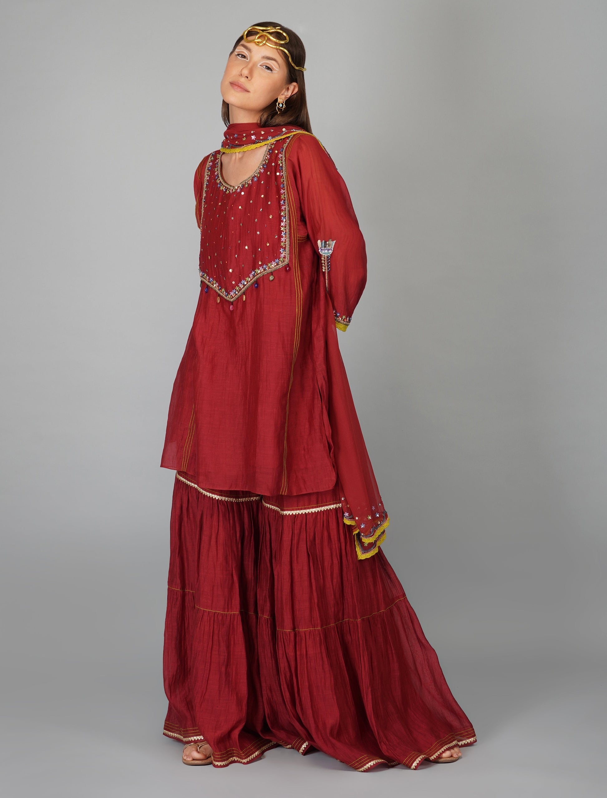 Red Sequined Chanderi Gharara Sets by Devyani Mehrotra with Chanderi Silk, Embellished, Festive Wear, Georgette, Gharara Sets, Natural, Pre Spring 2023, Red, Relaxed Fit, Solids, Womenswear at Kamakhyaa for sustainable fashion