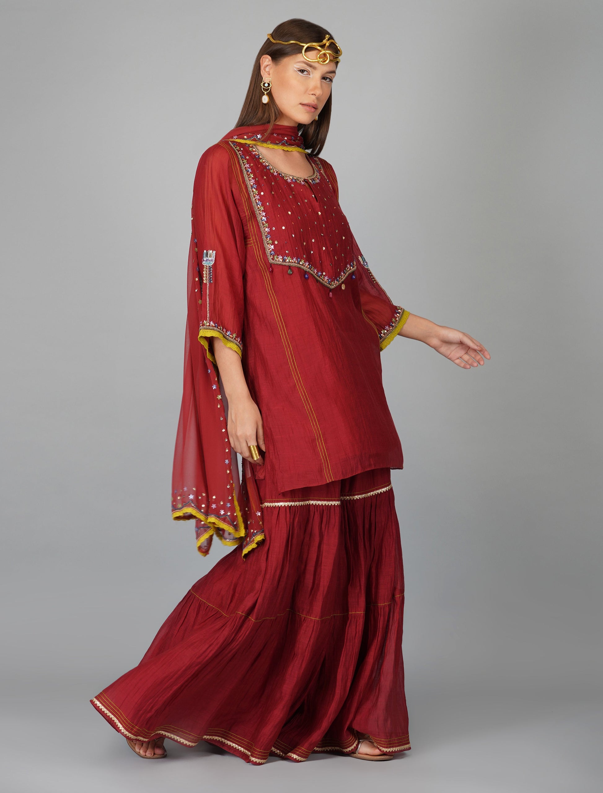 Red Sequined Chanderi Gharara Sets by Devyani Mehrotra with Chanderi Silk, Embellished, Festive Wear, Georgette, Gharara Sets, Natural, Pre Spring 2023, Red, Relaxed Fit, Solids, Womenswear at Kamakhyaa for sustainable fashion