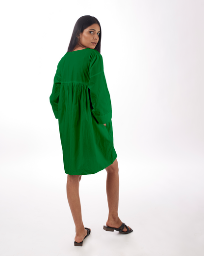 Green Yoke Mini Dress by Kamakhyaa with 100% pure cotton, Casual Wear, FB ADS JUNE, Fitted At Waist, Green, KKYSS, Loose Fit, Mini Dresses, Naturally Made, Solids, Summer Sutra, Womenswear at Kamakhyaa for sustainable fashion